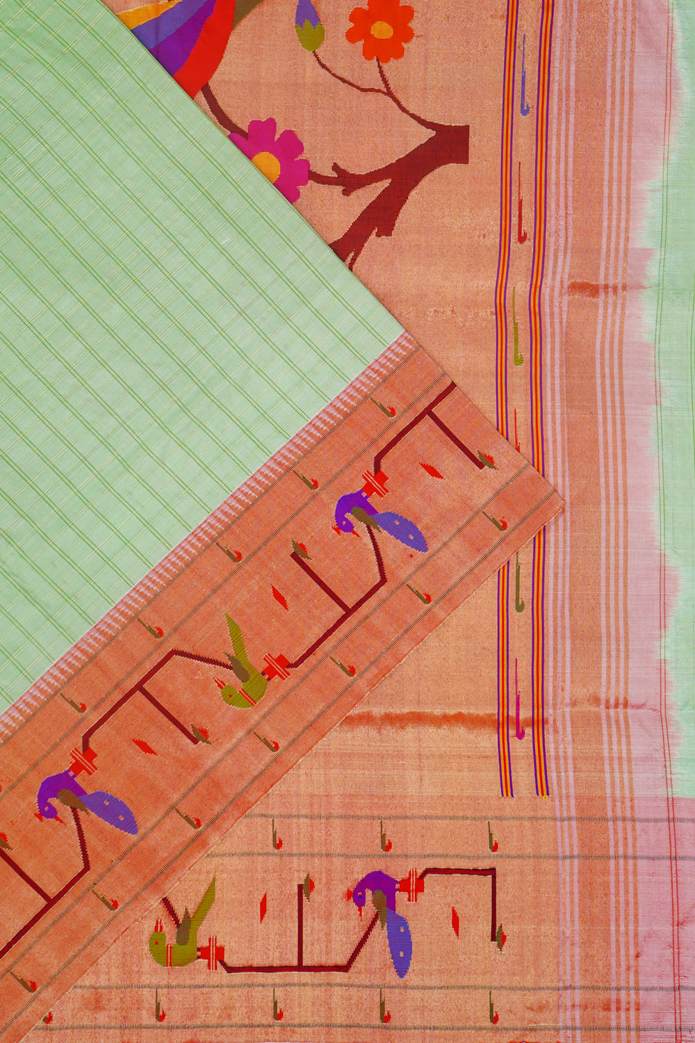 Paithani Silk Checks Pastel Green Saree With Akruthi Border