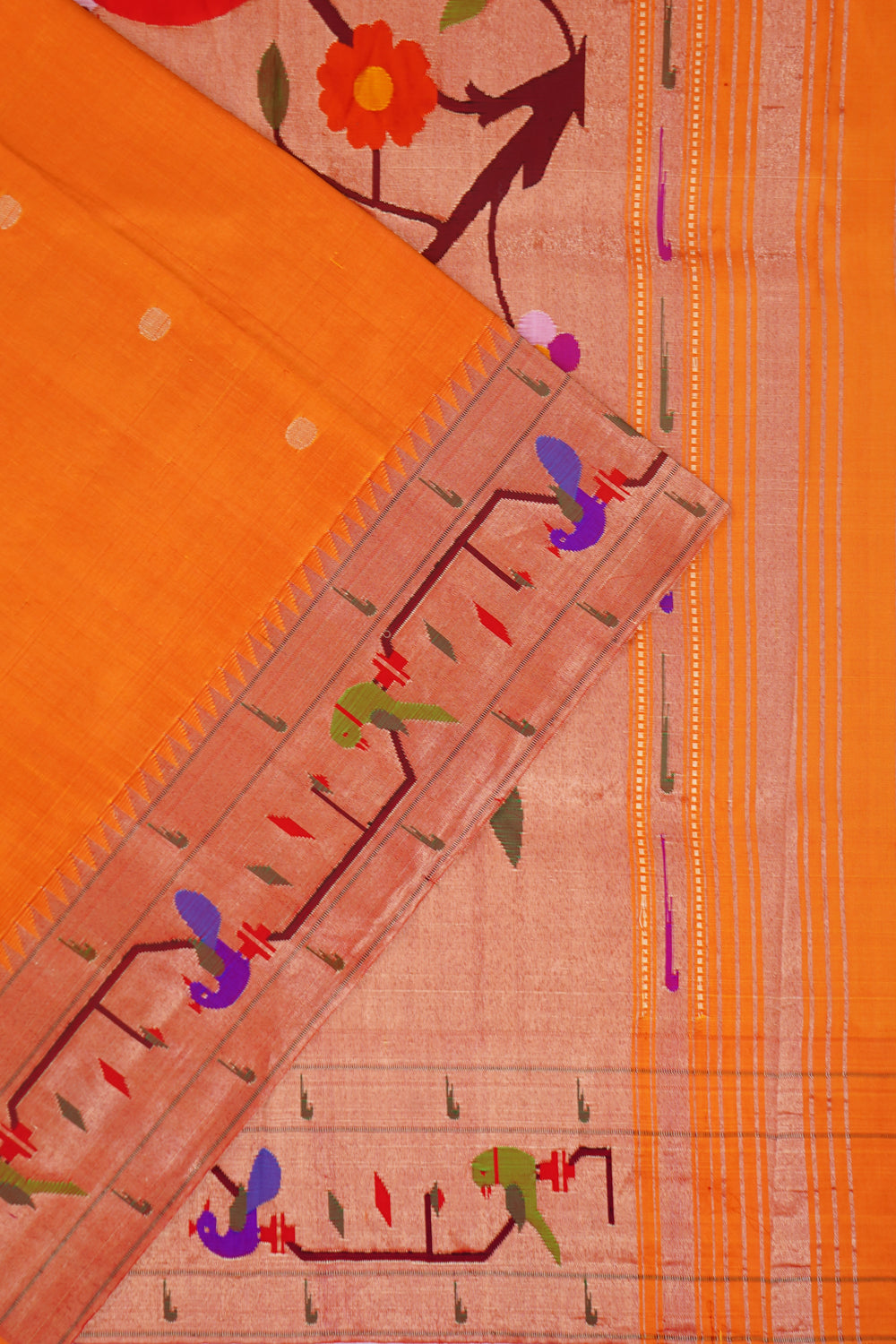 Paithani Silk Butta Mustard Orange Saree With Akruthi Border