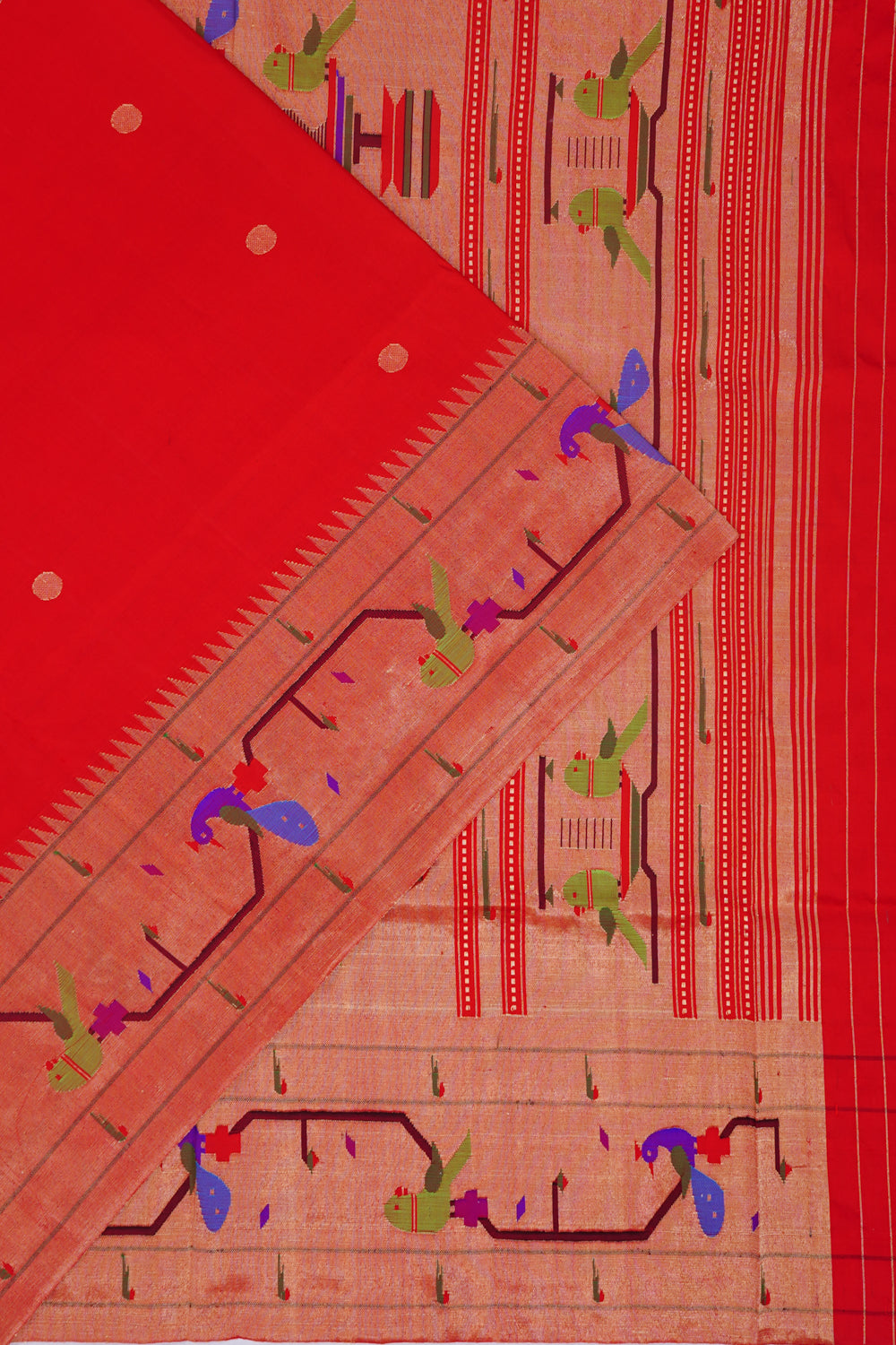 Paithani Silk Butta Red Saree With Akruthi Border