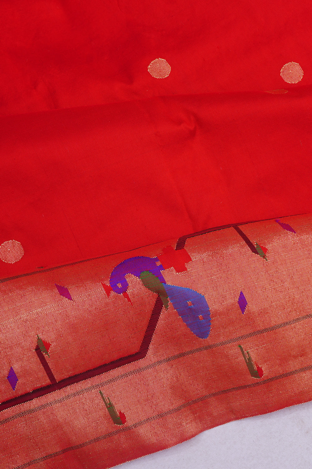 Paithani Silk Butta Red Saree With Akruthi Border