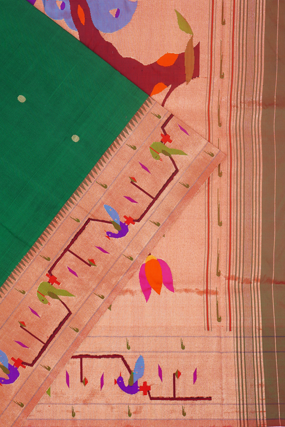 Paithani Silk Butta Bottle Green Saree With Akruthi Border