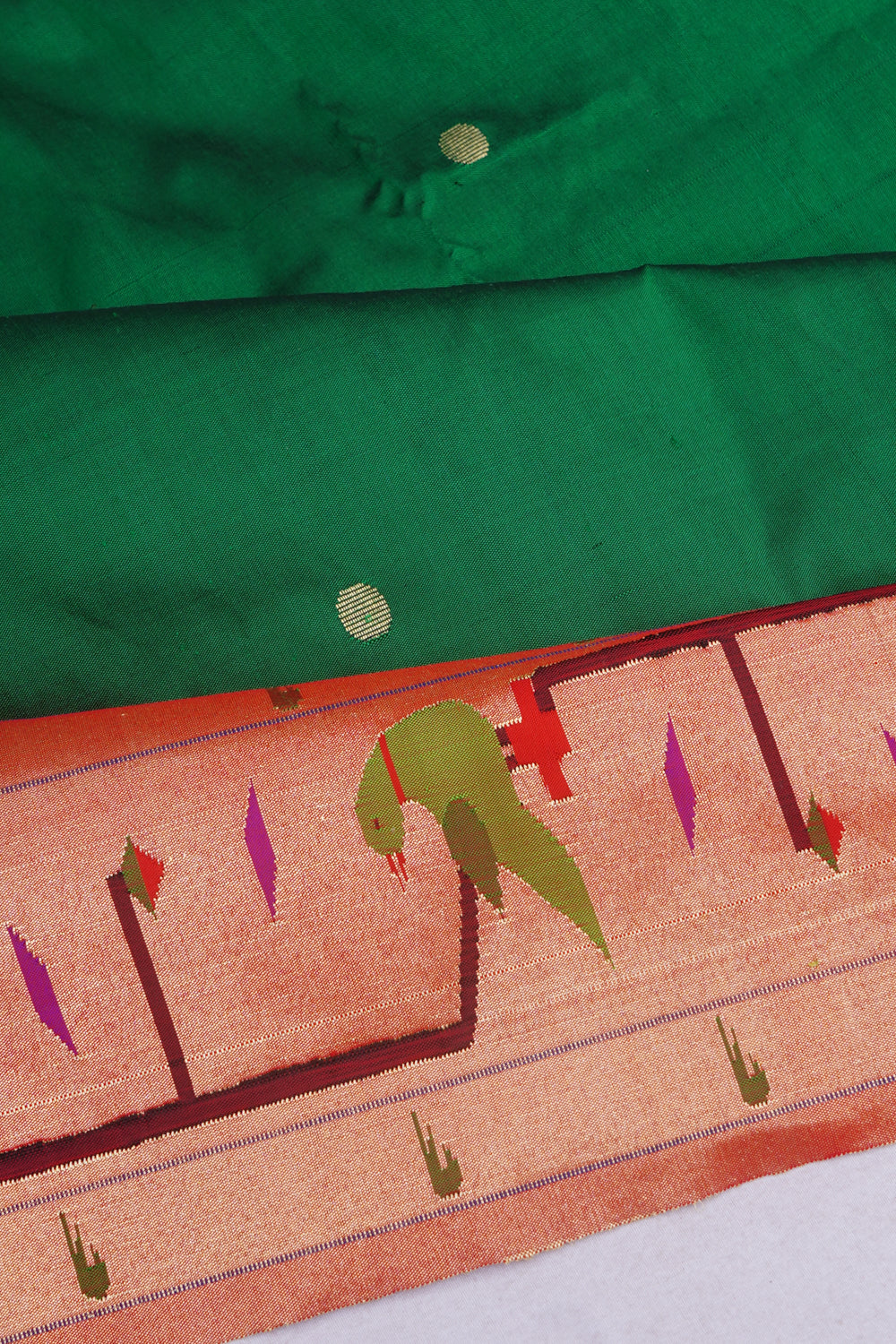 Paithani Silk Butta Bottle Green Saree With Akruthi Border