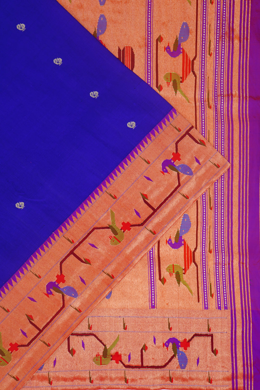 Paithani Silk Butta Royal Blue Saree With Akruthi Border