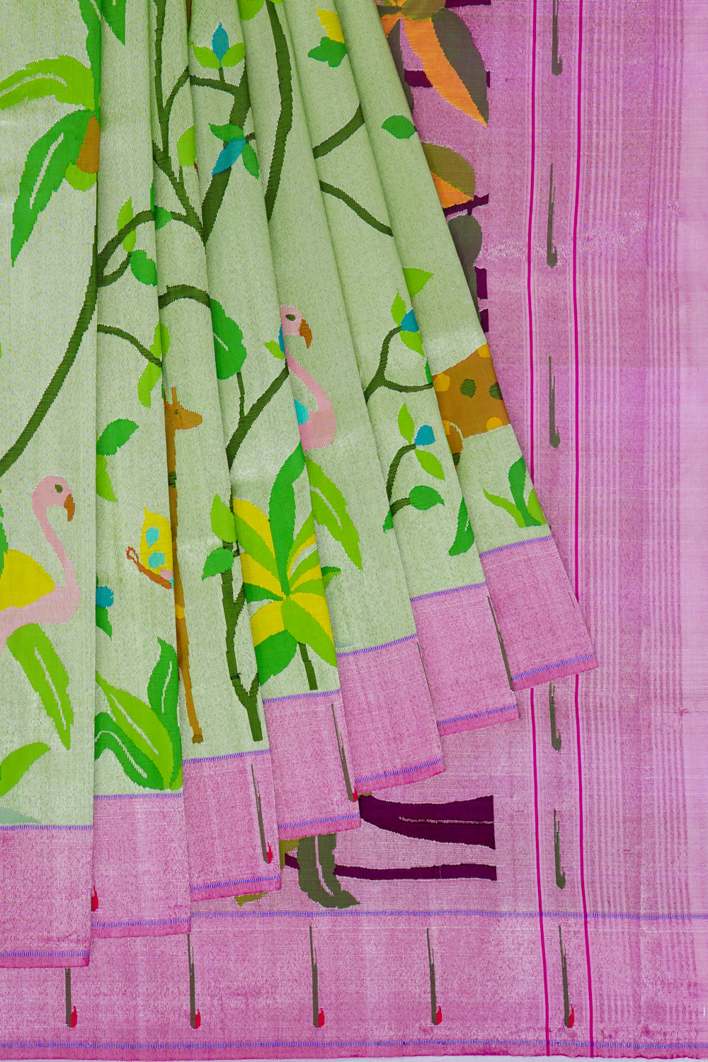 Paithani Silk Tissue All Over Pastel Green Saree With Single Muniya Border