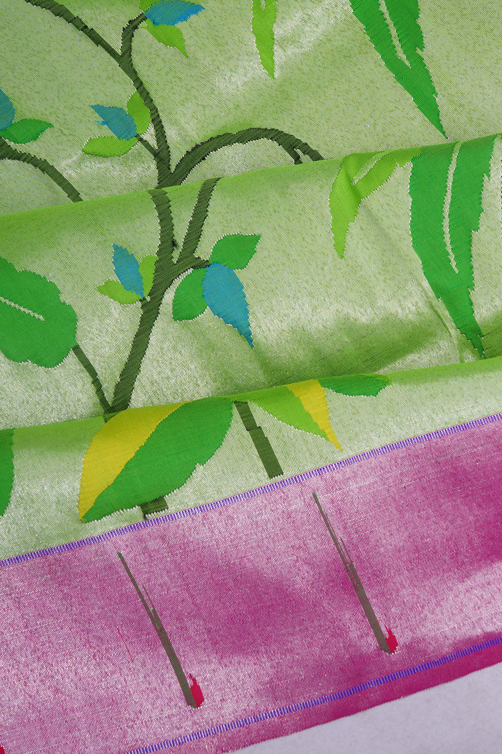 Paithani Silk Tissue All Over Pastel Green Saree With Single Muniya Border