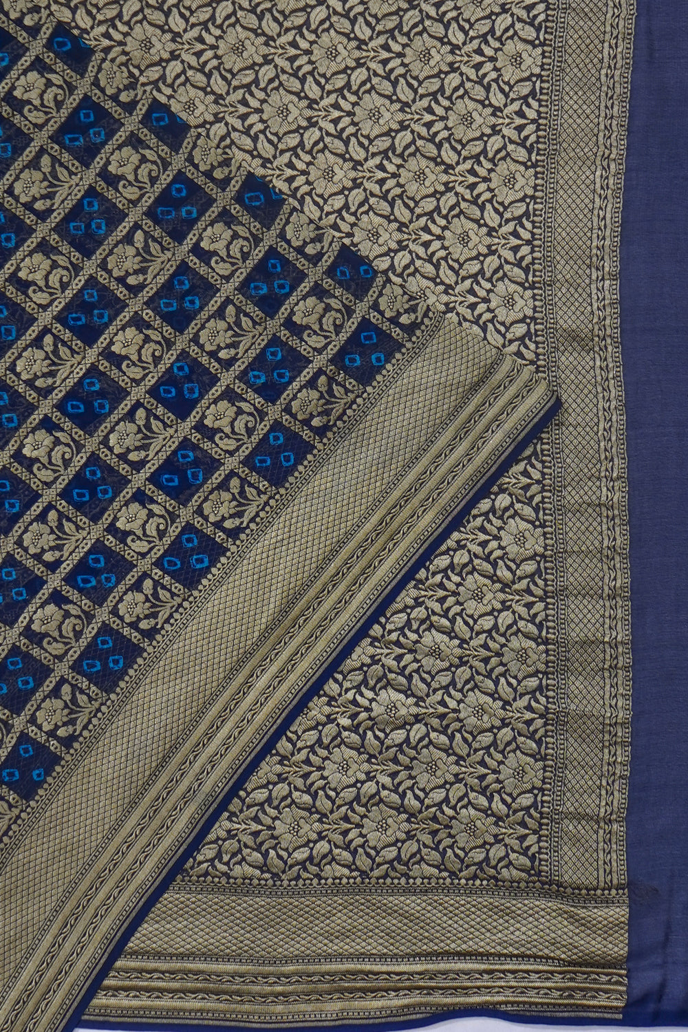 Banarasi Georgette Bandhani Checks And Butta Dark Blue Saree