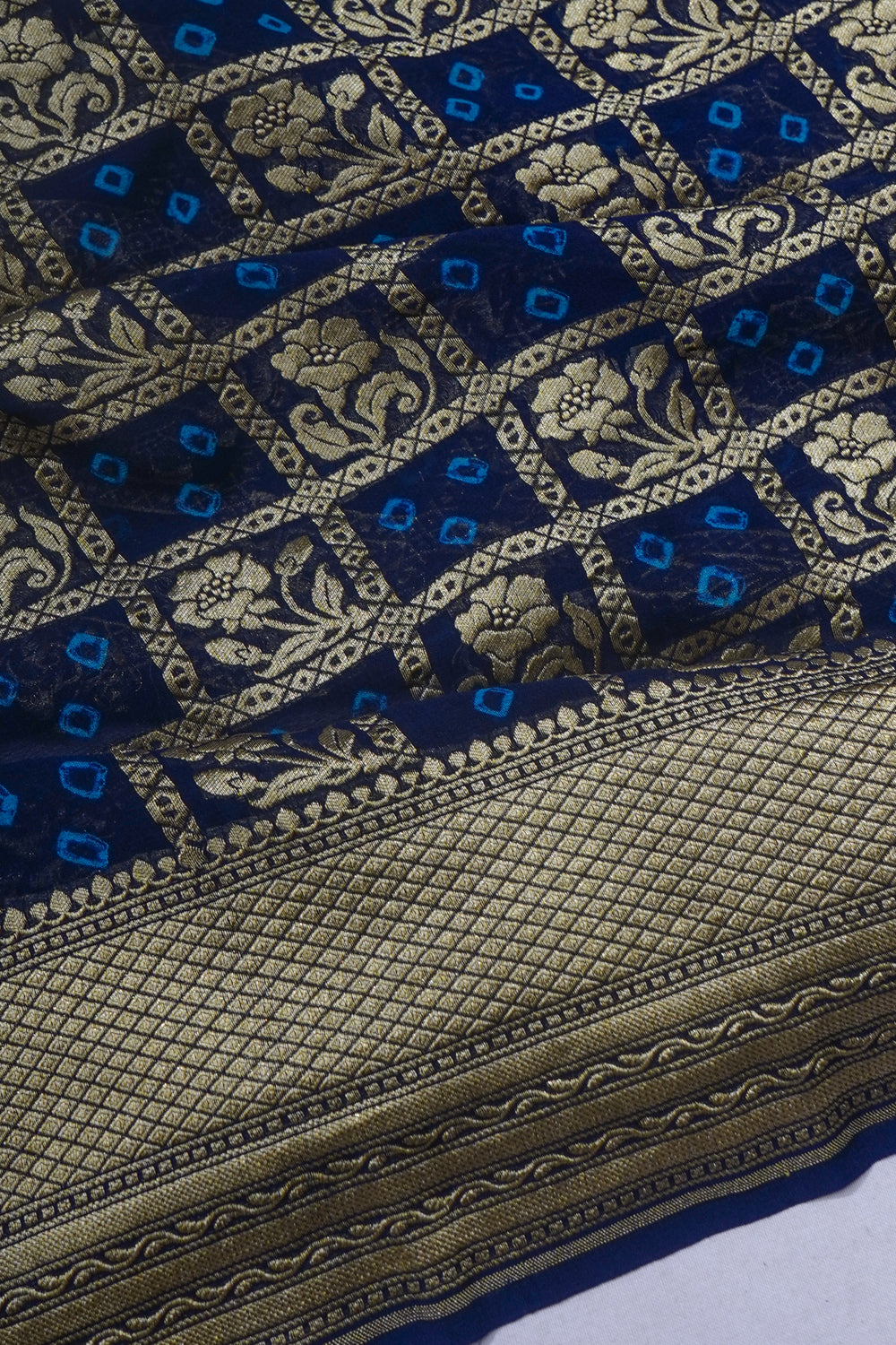 Banarasi Georgette Bandhani Checks And Butta Dark Blue Saree