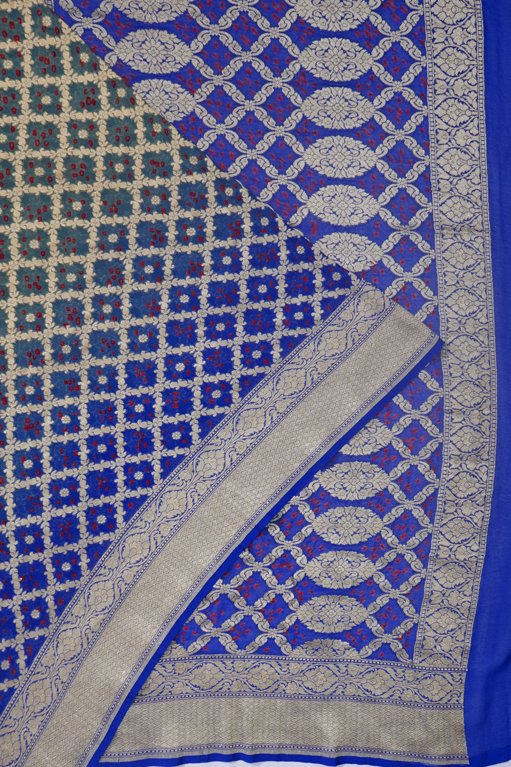 Banarasi Georgette Bandhani Dual Tone Grey And Blue Saree