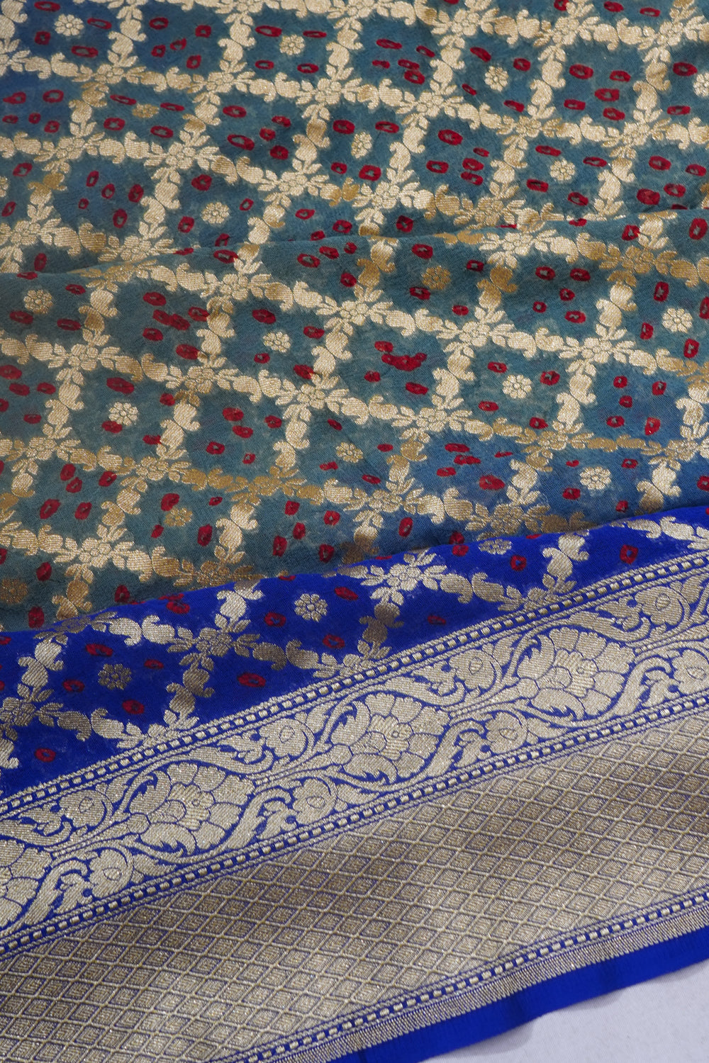 Banarasi Georgette Bandhani Dual Tone Grey And Blue Saree