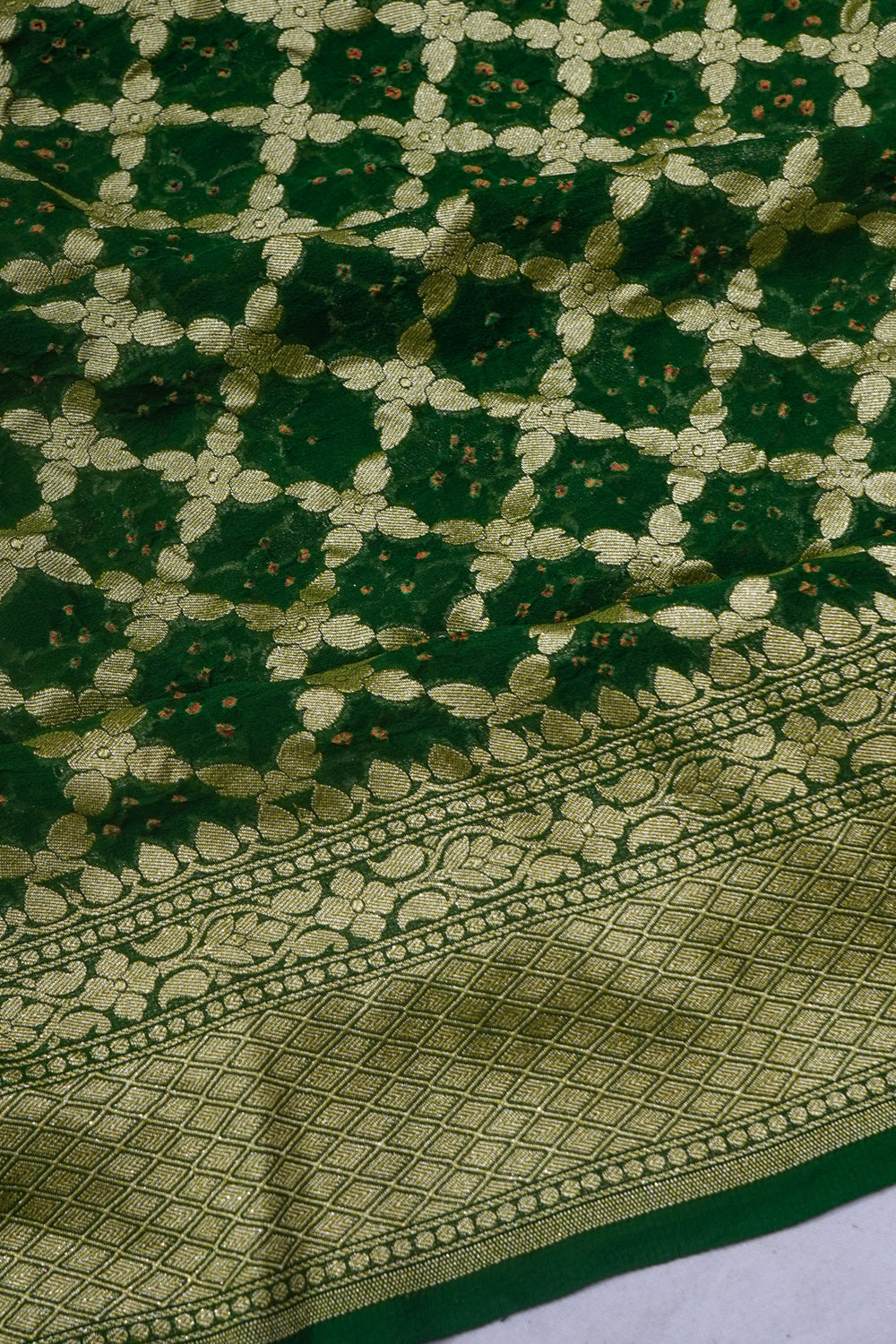 Banarasi Georgette Bandhani Brocade Dark Green Saree