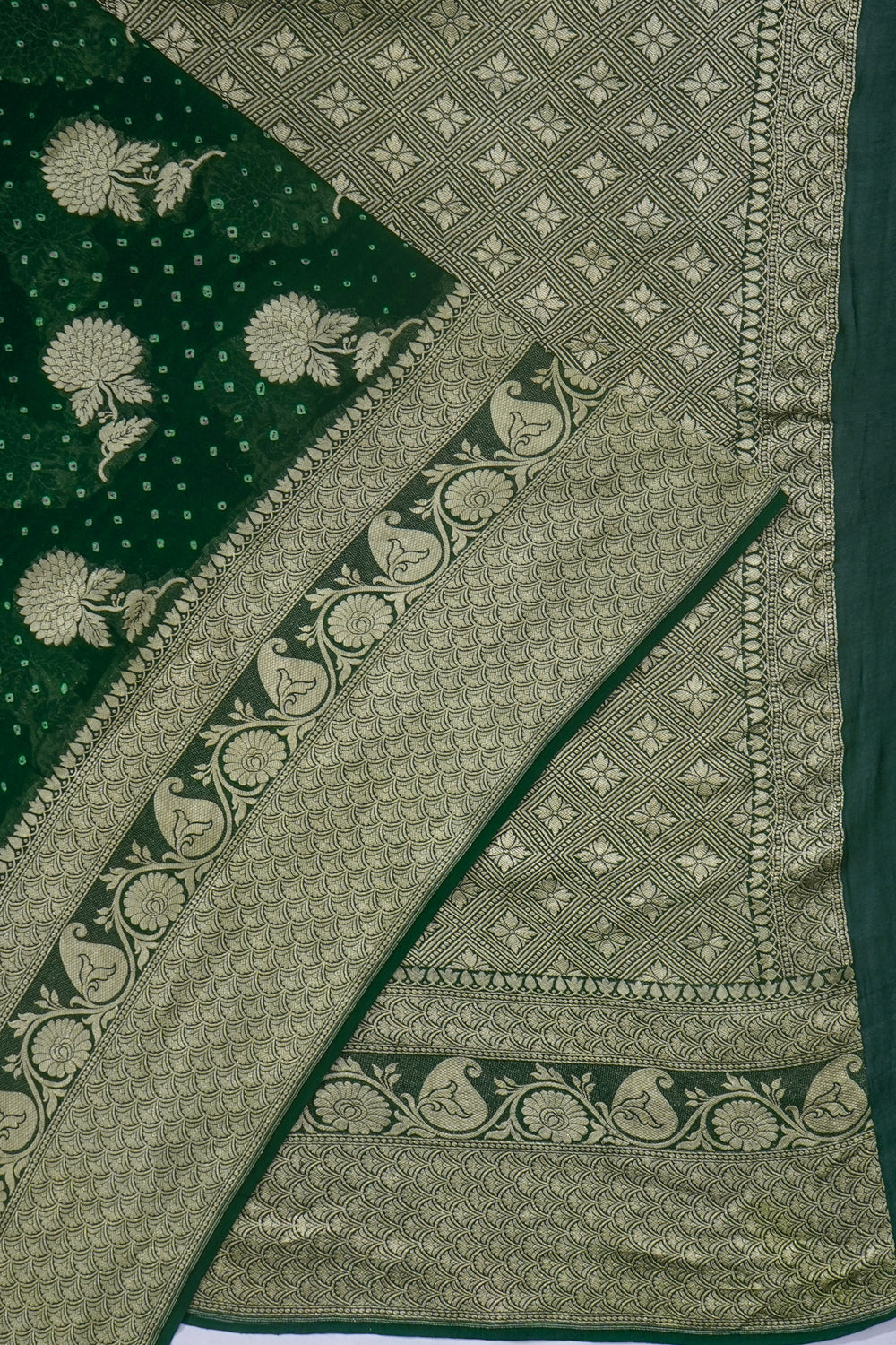 Banarasi Georgette Bandhani And Butta Dark Green Saree