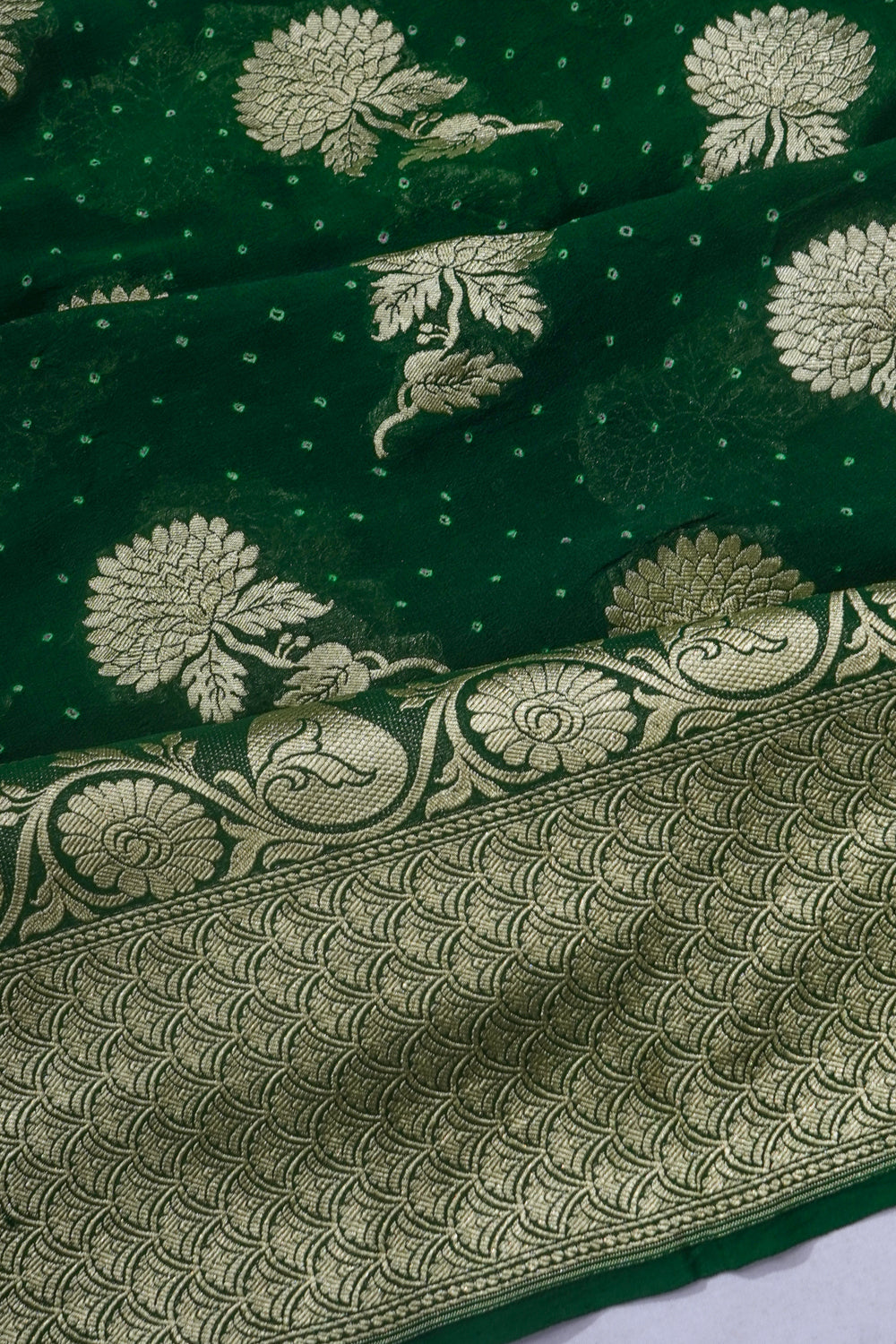 Banarasi Georgette Bandhani And Butta Dark Green Saree