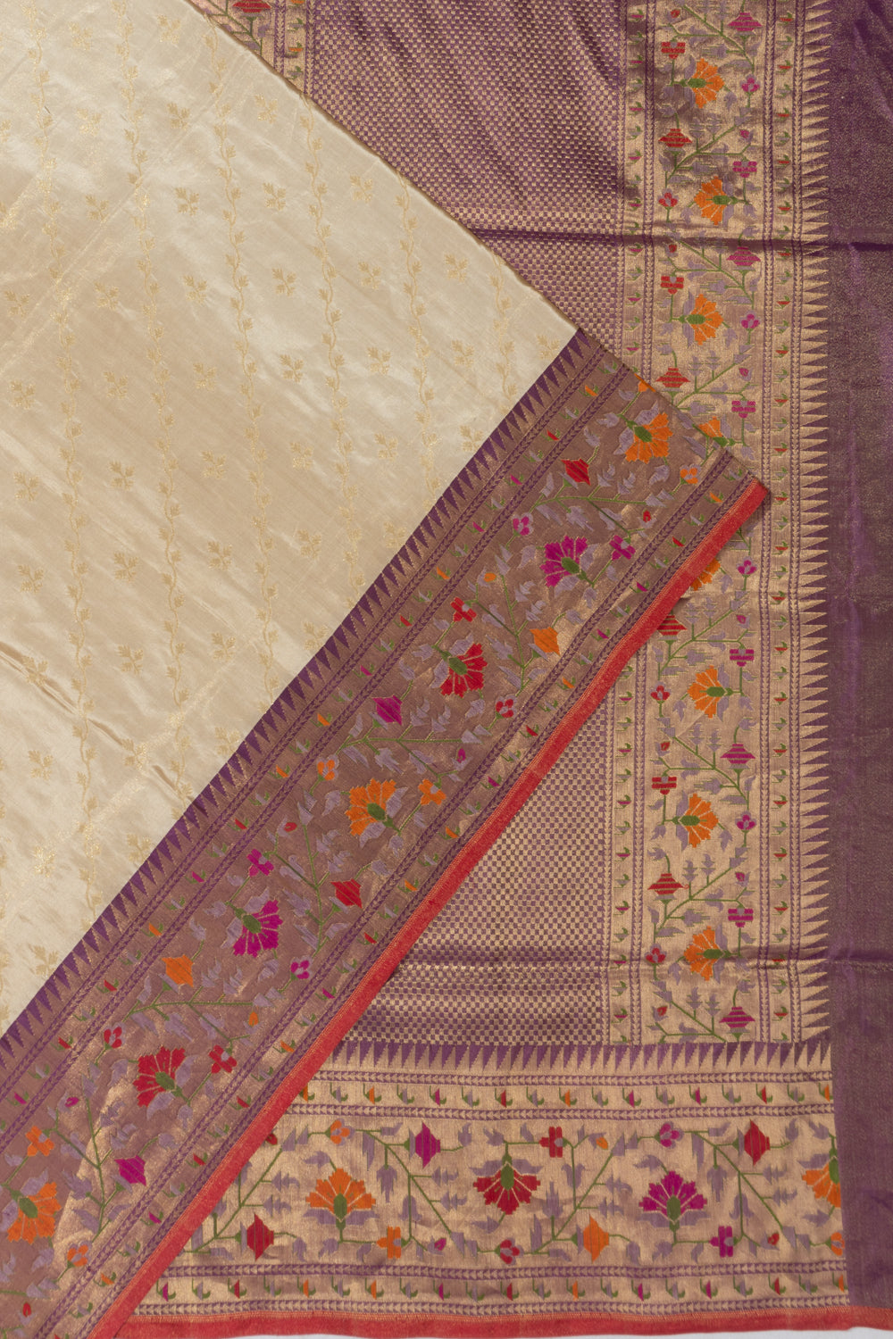 Banarasi Silk Tissue Jaal Cream Saree With Paithani Inspired Border