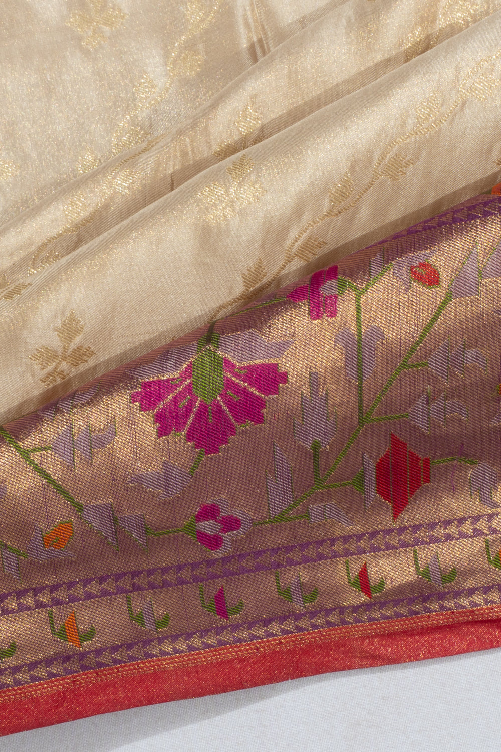 Banarasi Silk Tissue Jaal Cream Saree With Paithani Inspired Border