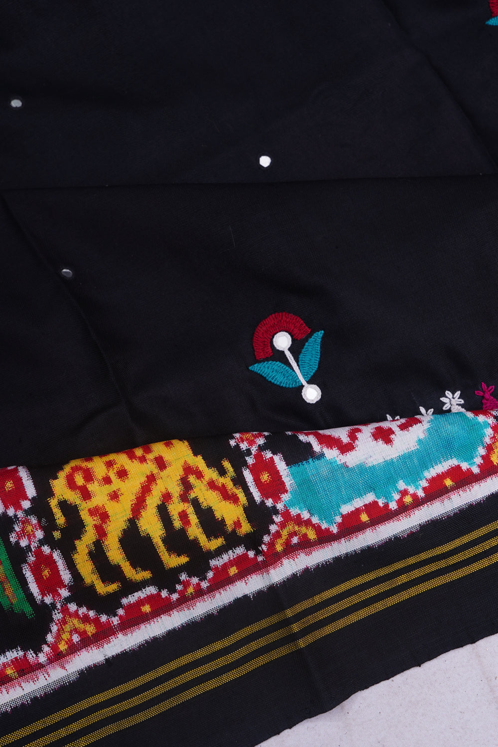 Patan Patola Silk Double Ikat Embroidery Butta Black Saree With Mirror Work