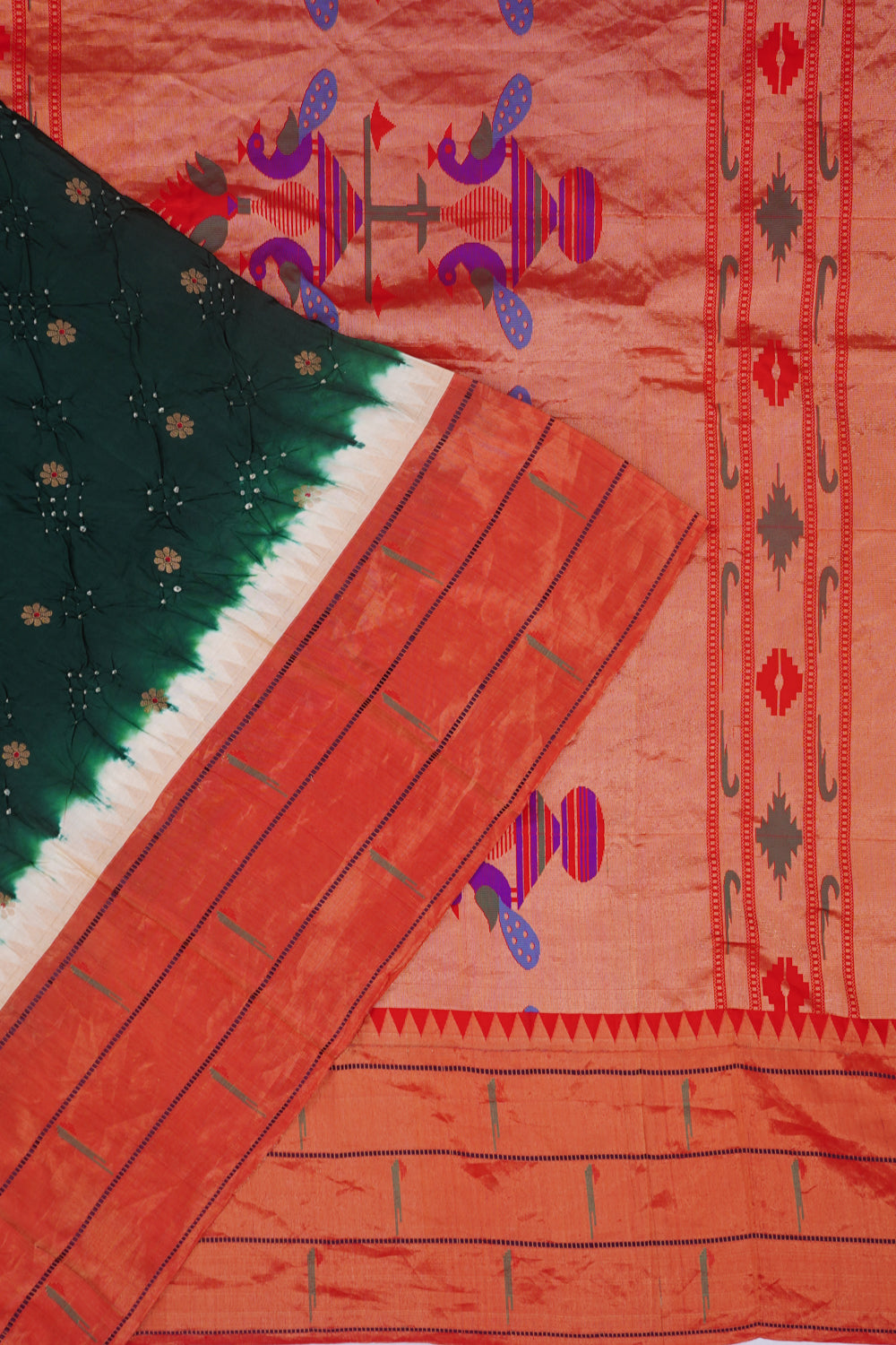 Paithani Silk Bandhani And Butta Dark Green Saree With Triple Muniya Border