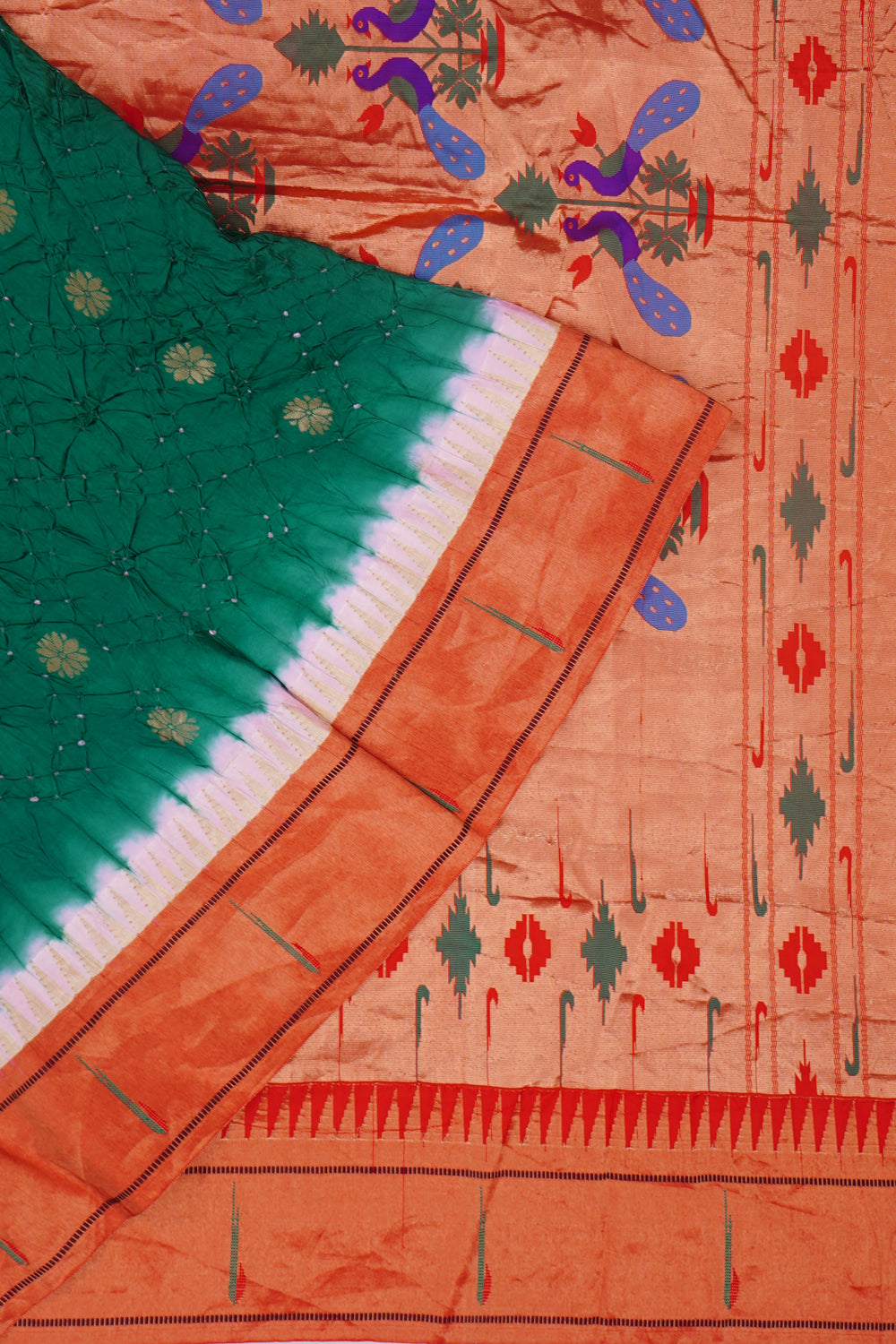 Paithani Silk Bandhani And Butta Dark Green Saree With Single Muniya Border