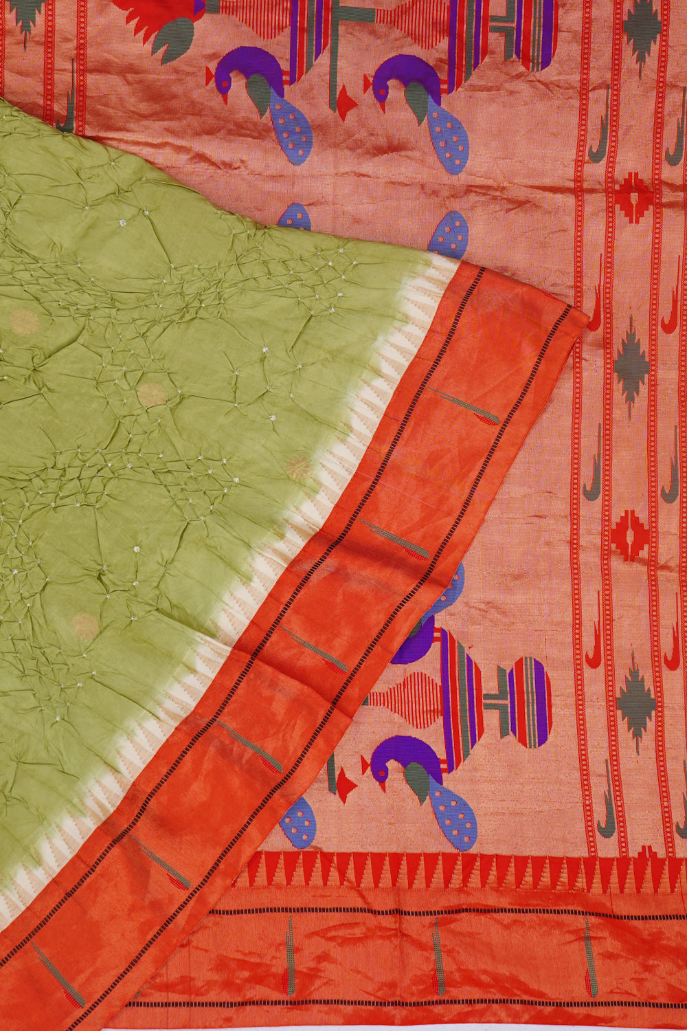 Paithani Silk Bandhani And Butta Pastel Green Saree With Single Muniya Border