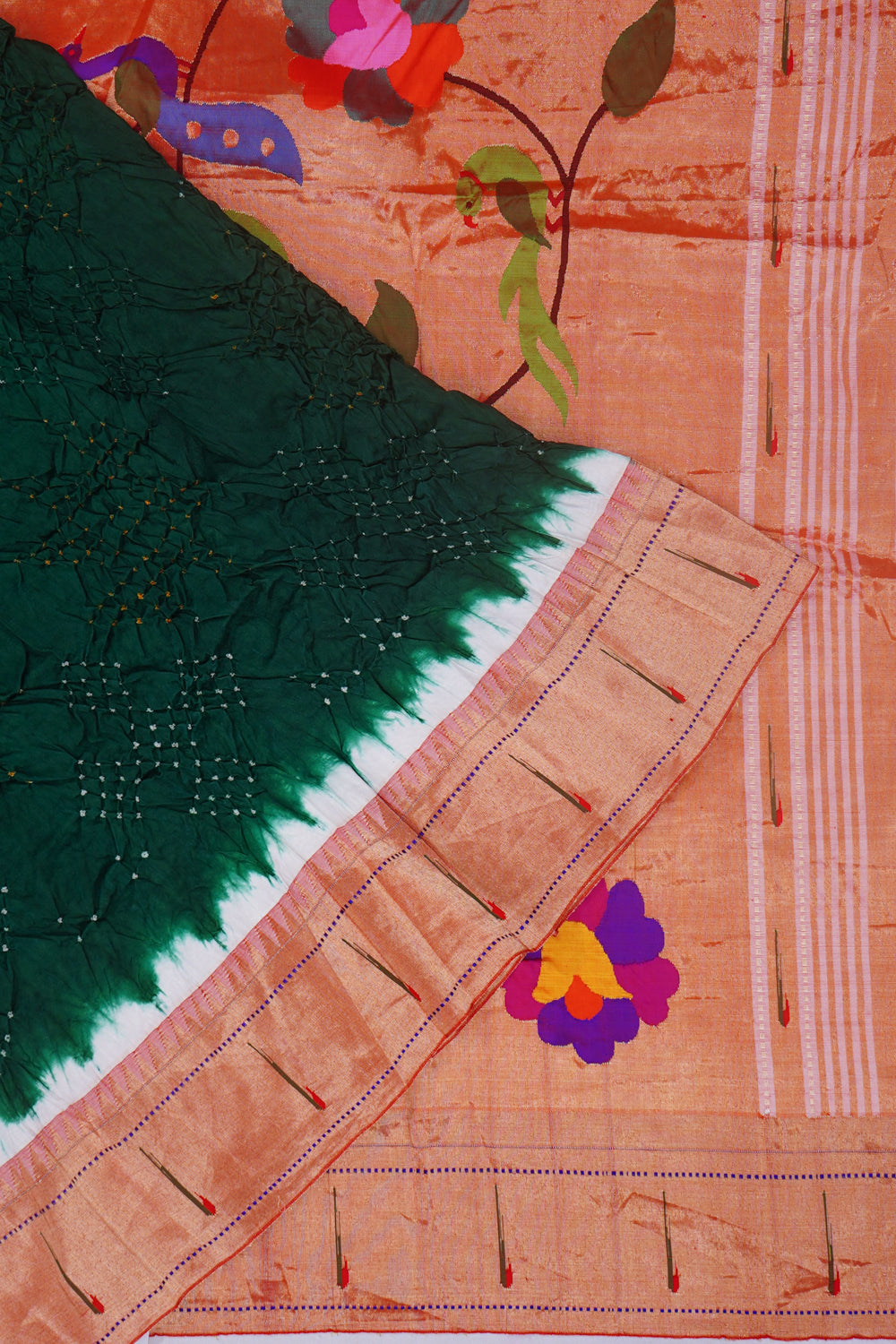 Paithani Silk Bandhani Green Saree With Single Muniya Border