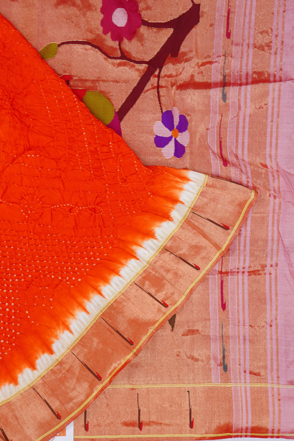 Paithani Silk Bandhani Orange Saree With Single Muniya Border