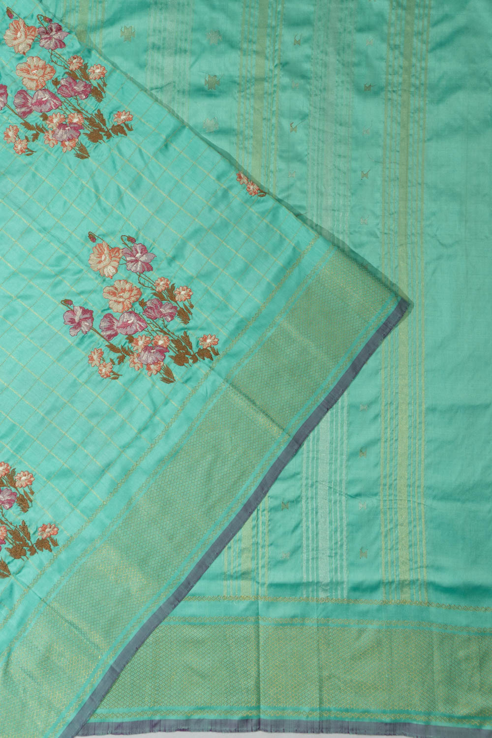 Kanchipuram Silk Checks And Embroidery Sea Blue Saree