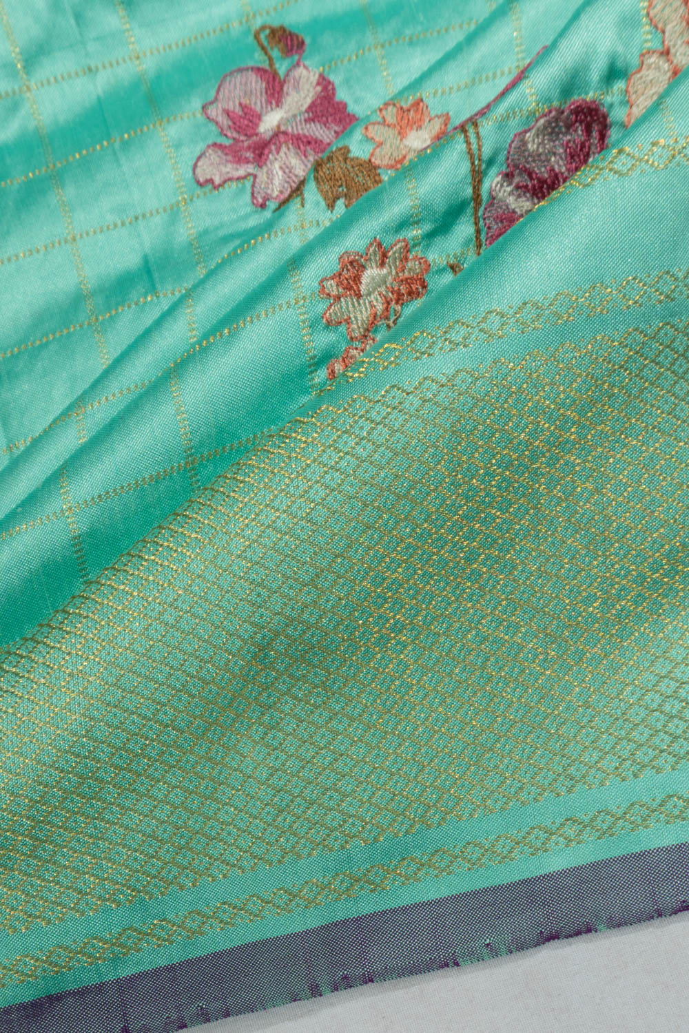 Kanchipuram Silk Checks And Embroidery Sea Blue Saree