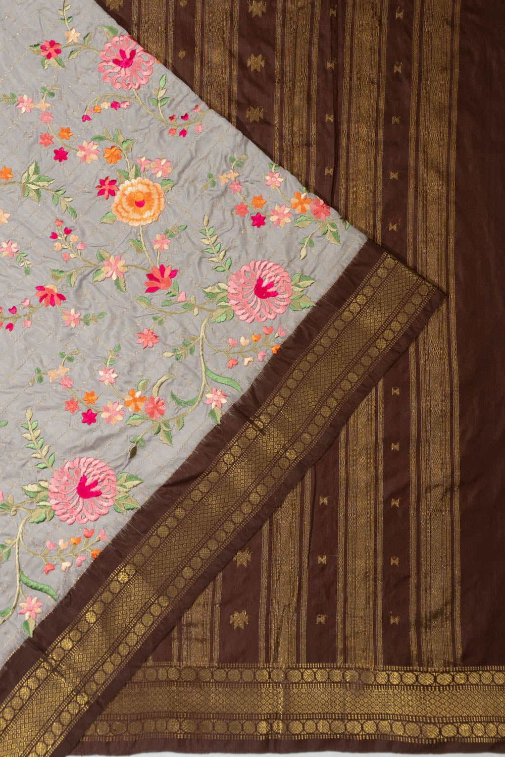 Kanchipuram Silk Checks And Embroidery Grey Saree