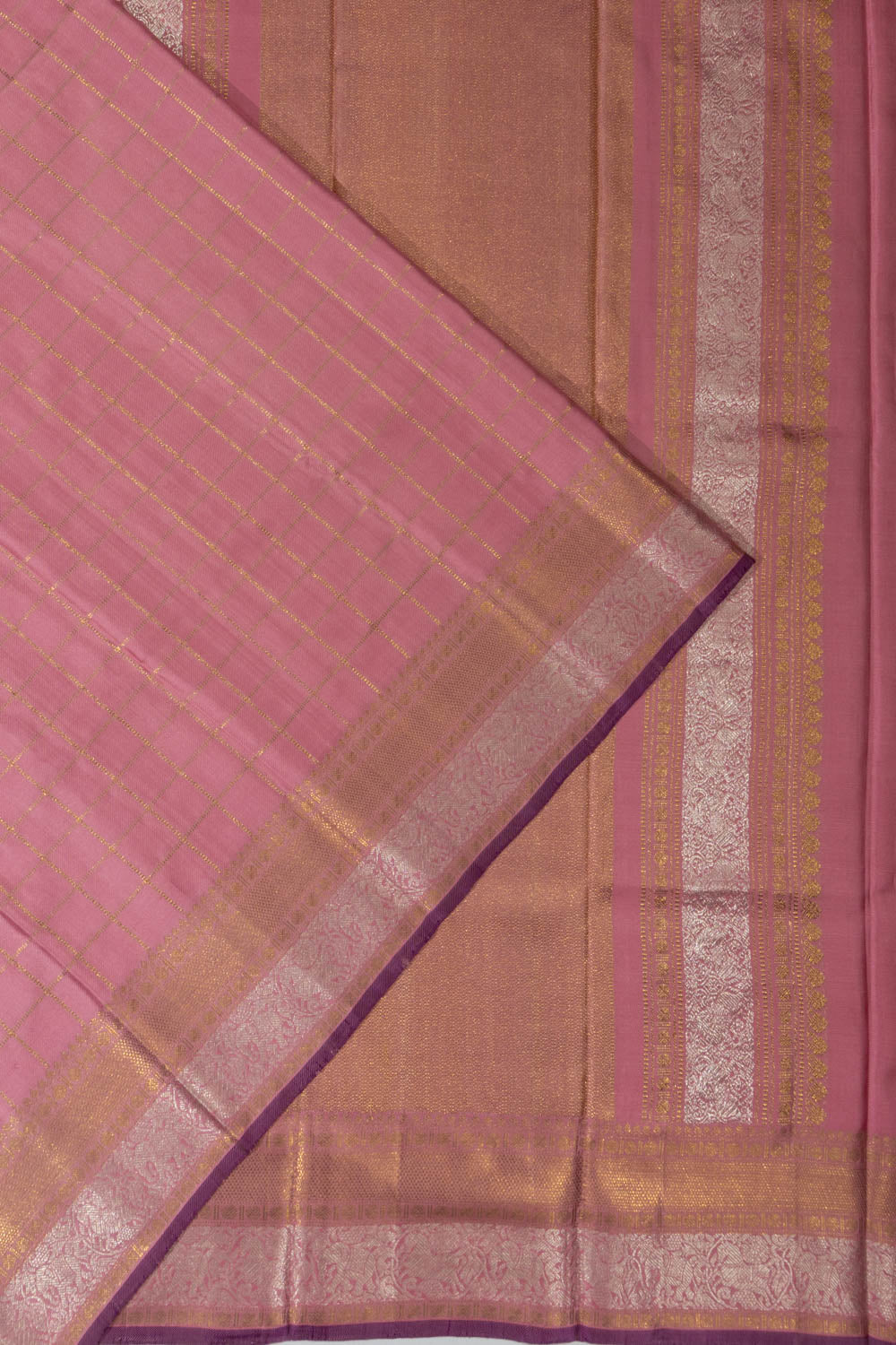 Kanchipuram Silk Twill Checks Pink Saree