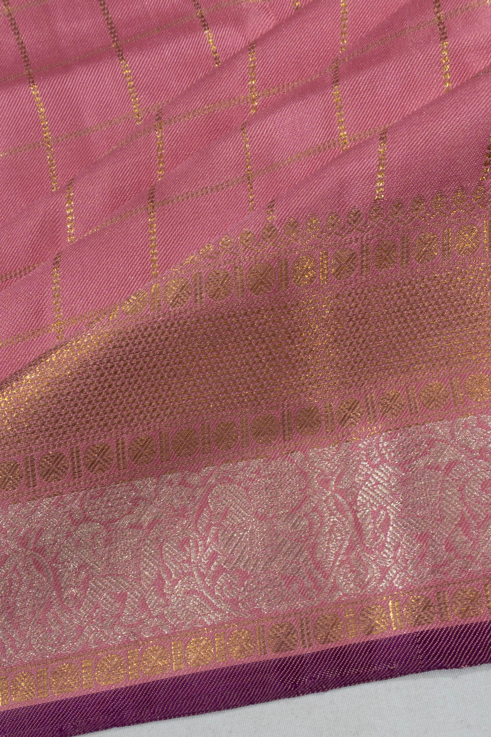 Kanchipuram Silk Twill Checks Pink Saree