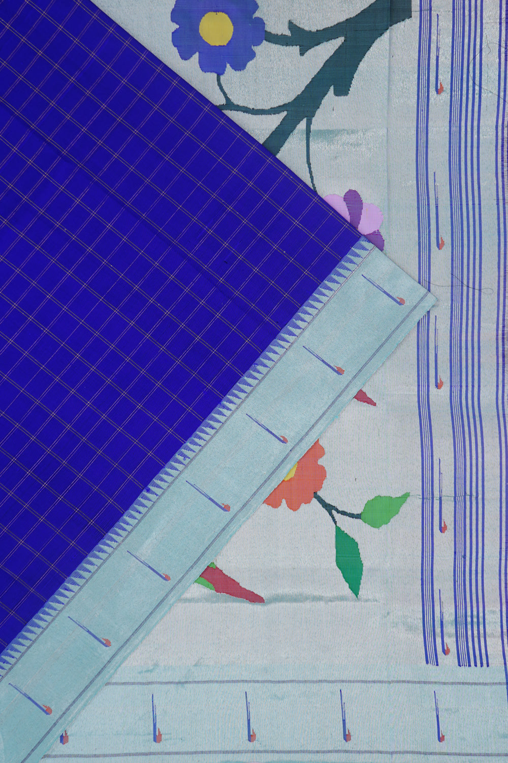 Paithani Silk Checks Royal Blue Saree With Single Muniya Border