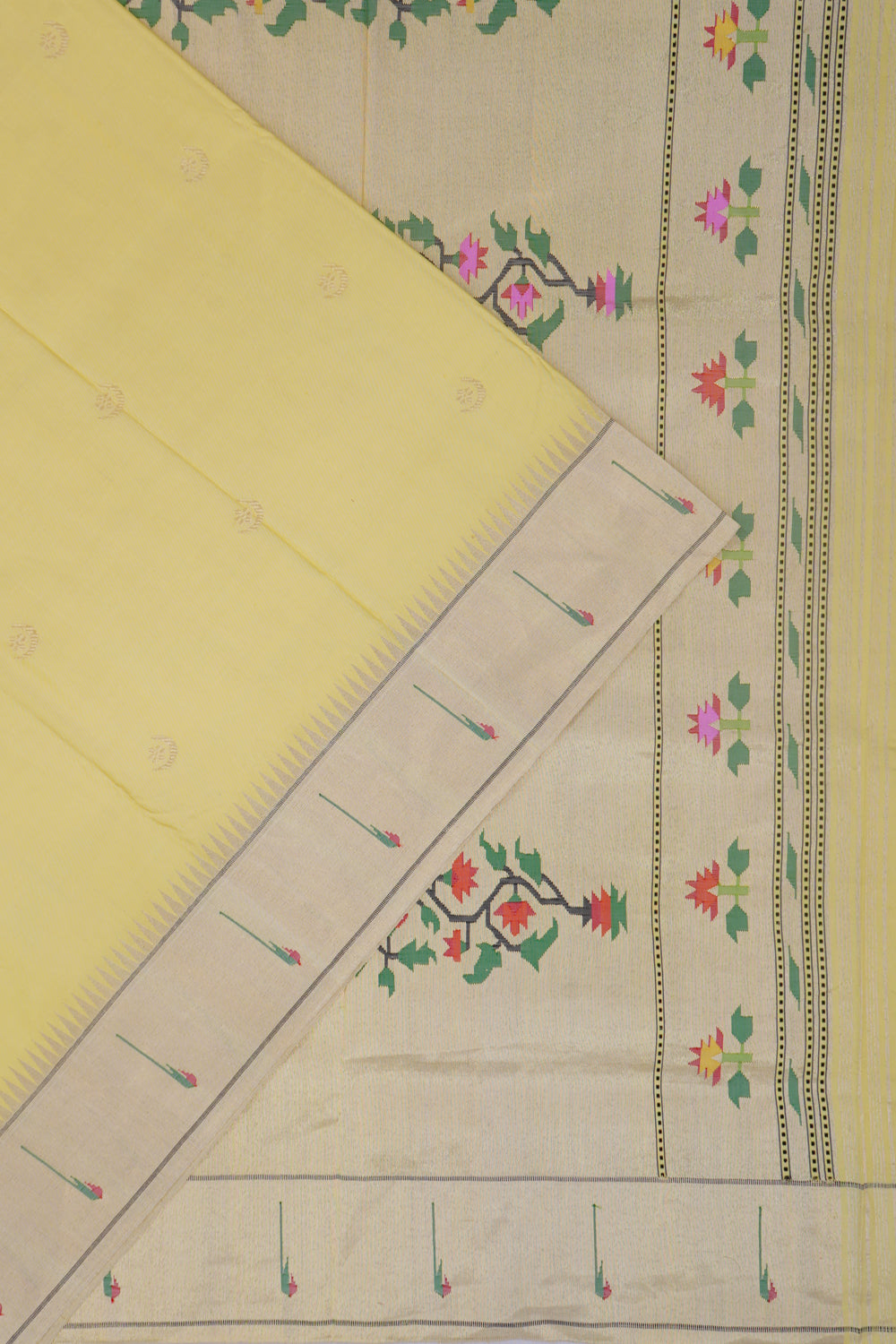 Paithani Silk Butta Lemon Yellow Saree With Single Muniya Border