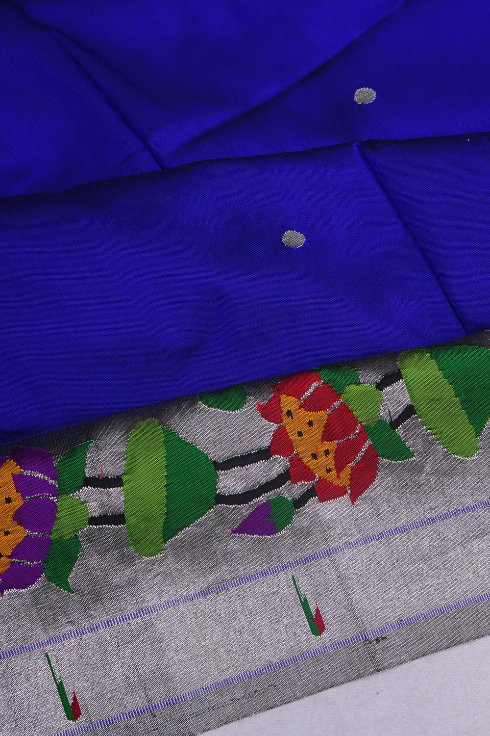 Paithani Silk Butta Royal Blue Saree With Triple Muniya Border