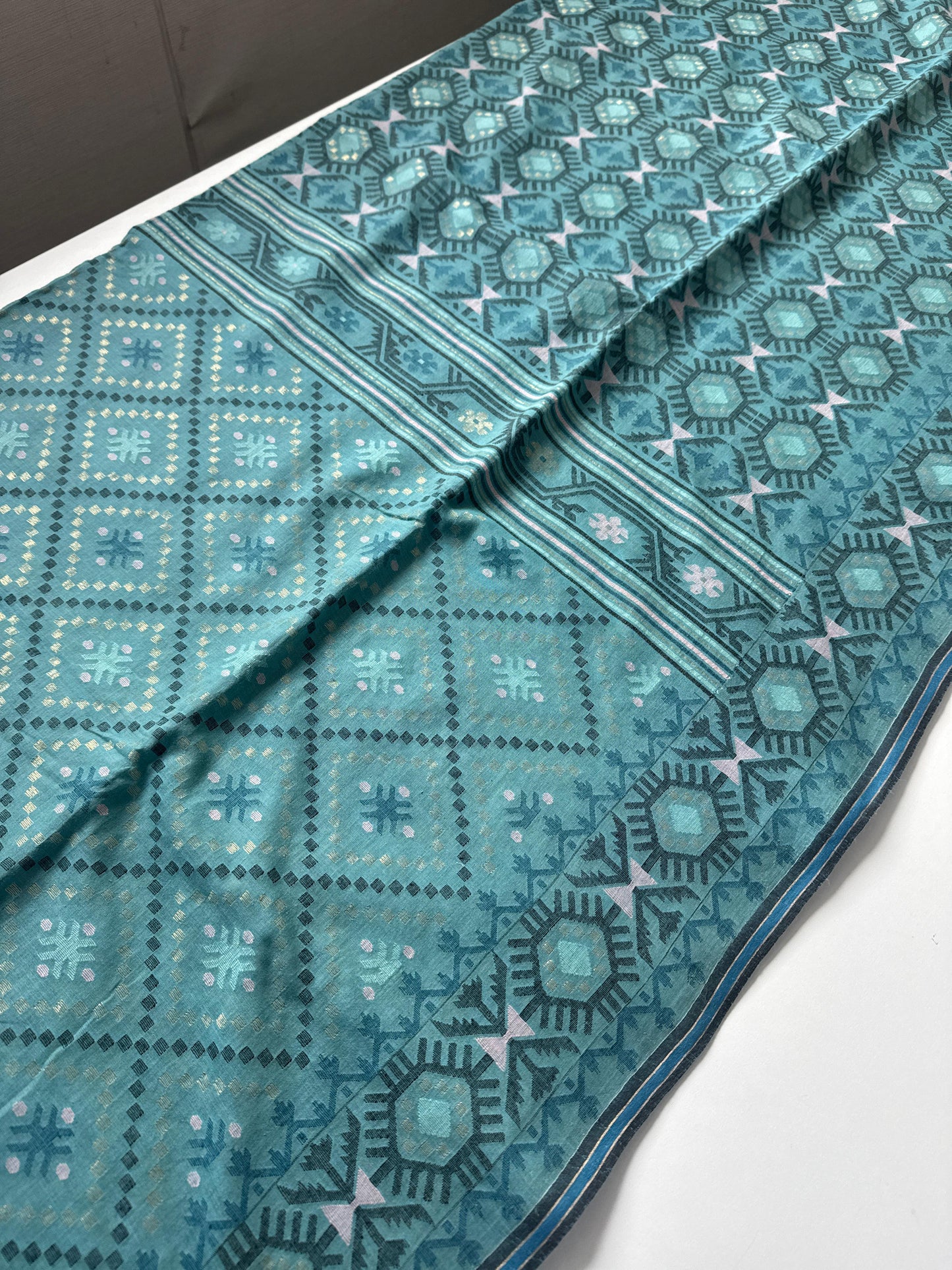 Dhakai Muslin Cotton All Over Jamdani Teal Blue Saree