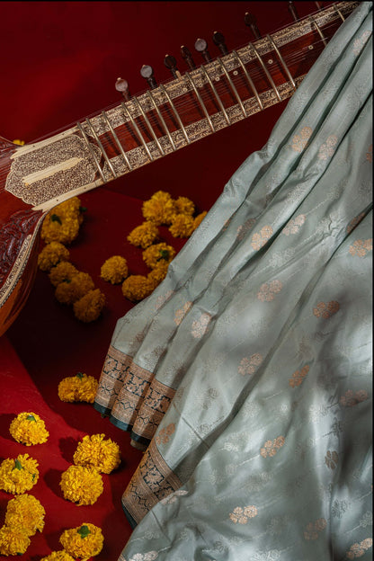Banarasi Satin Brocade Powder Blue Saree