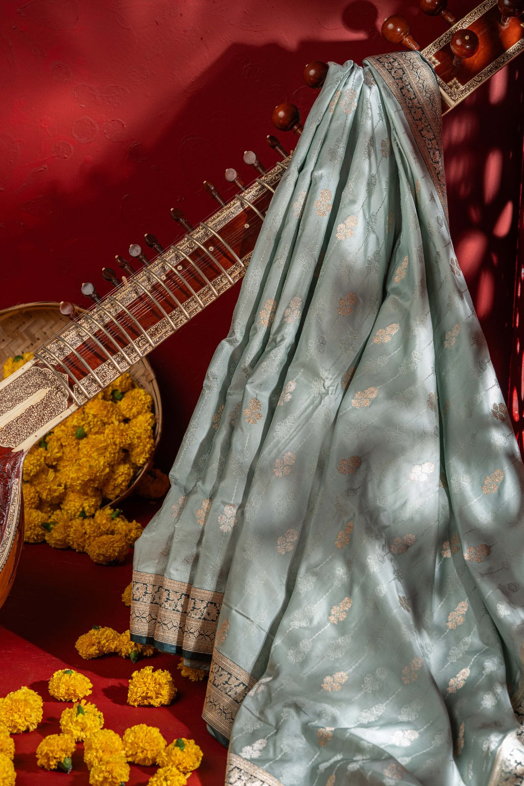 Banarasi Satin Brocade Powder Blue Saree