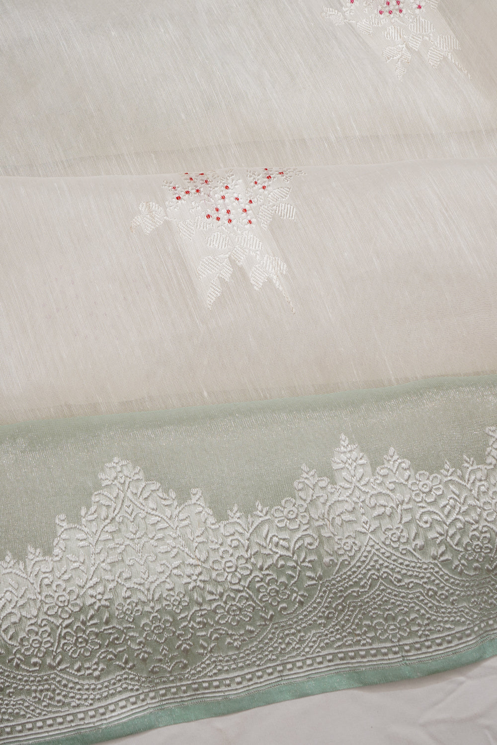 Banarasi Linen Butta White Saree With Kora Border