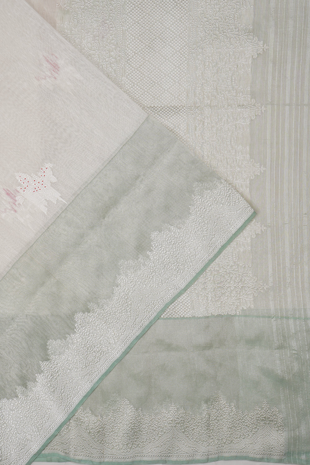 Banarasi Linen Butta White Saree With Kora Border