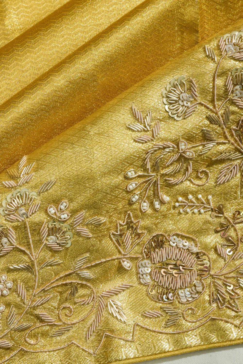 Kanchipuram Silk Tissue Zig Zag Lines Gold Saree With Zardosi Work