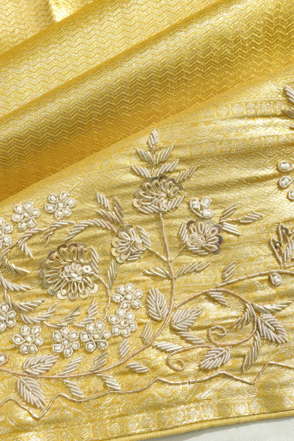 Kanchipuram Silk Tissue Zig Zag Lines Gold Saree With Zardosi Work