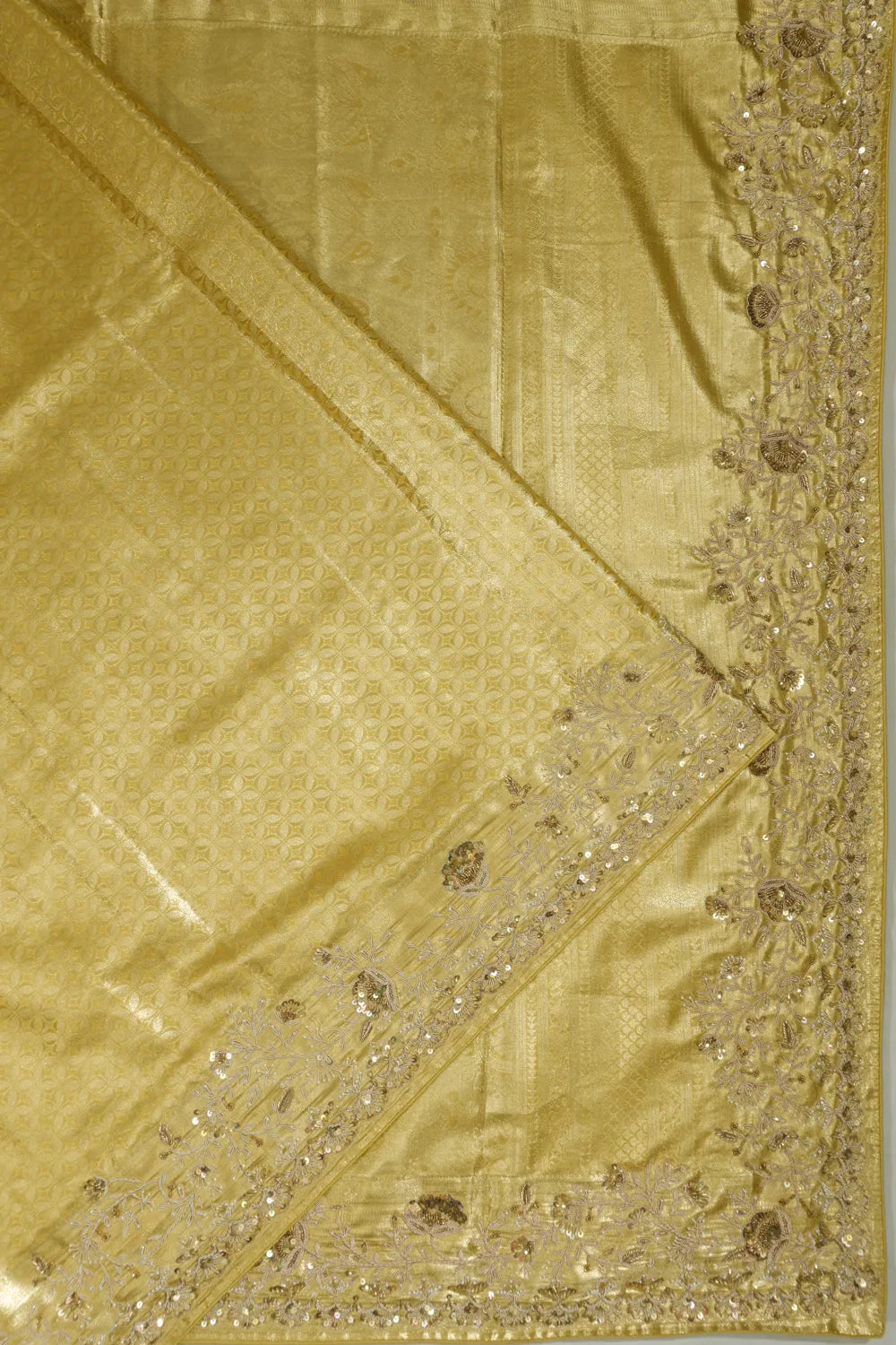 Kanchipuram Silk Tissue Brocade Gold Saree With Zardosi Work