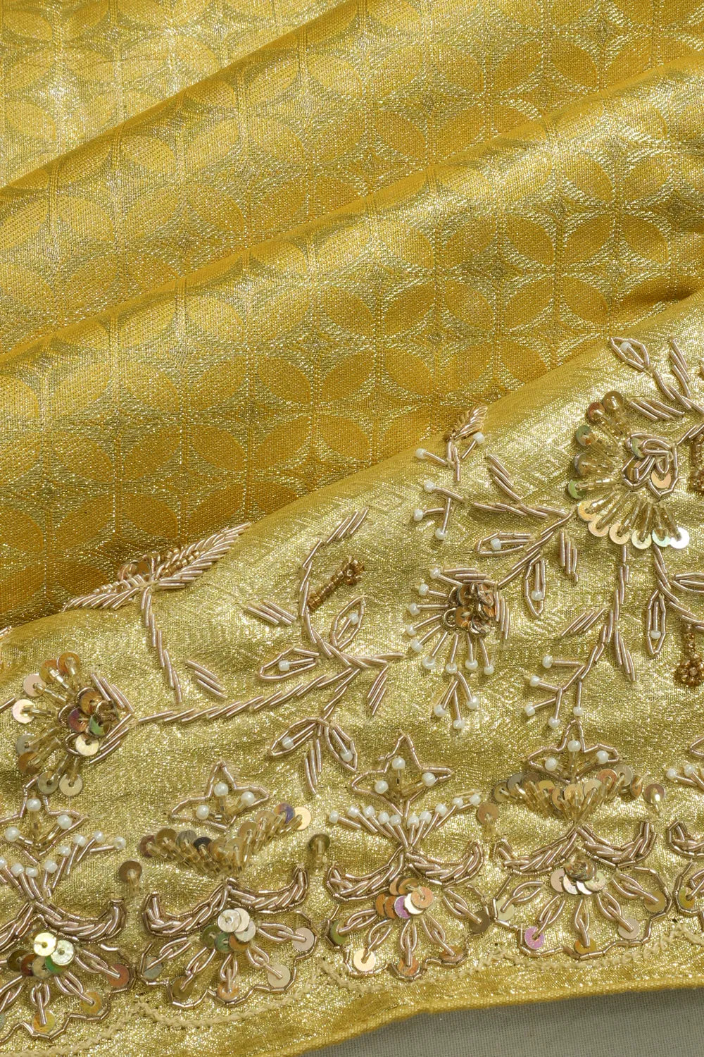 Kanchipuram Silk Tissue Checks Gold Saree With Zardosi Work