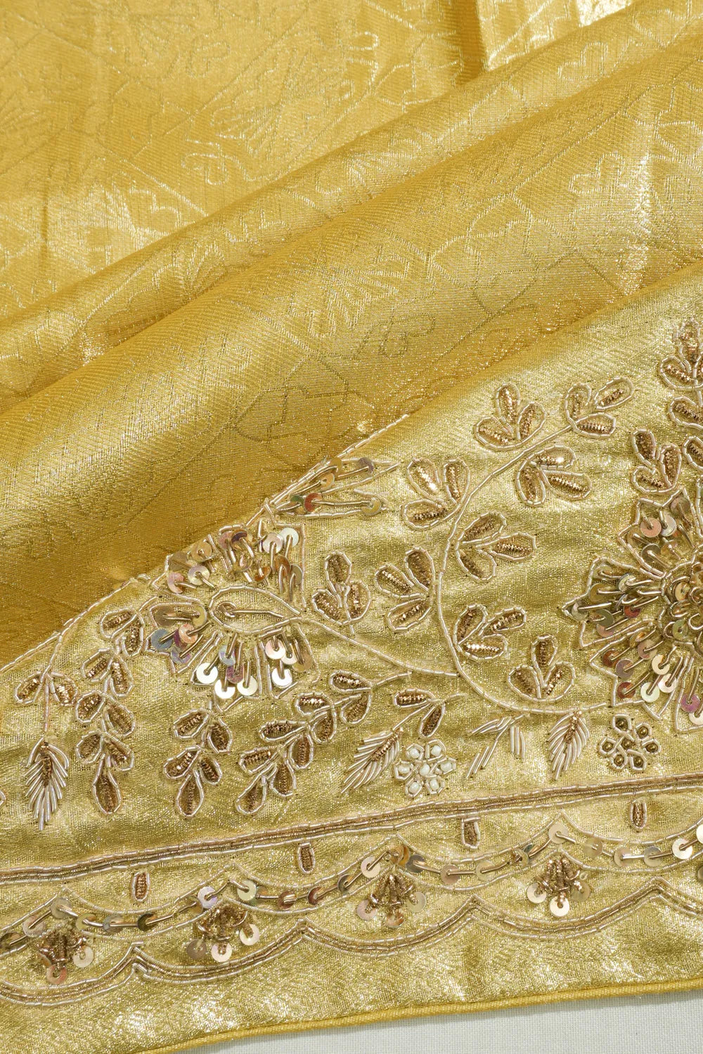 Kanchipuram Silk Tissue Brocade Gold Saree With Zardosi Work