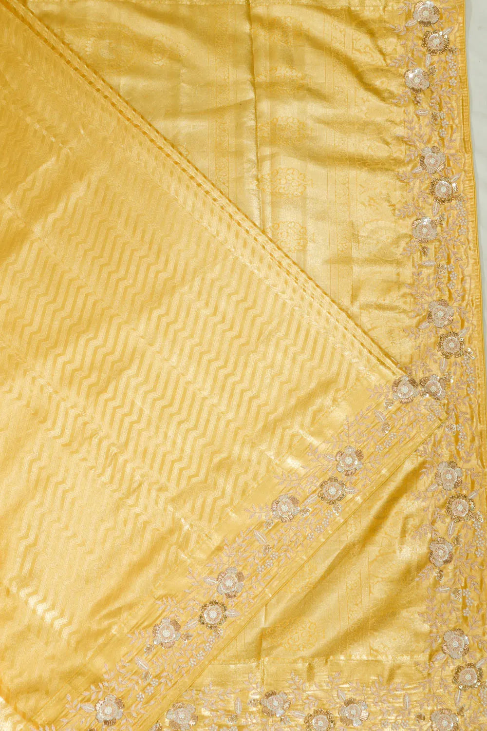 Kanchipuram Silk Tissue Zig Zag Lines Gold Saree With Zardosi Work
