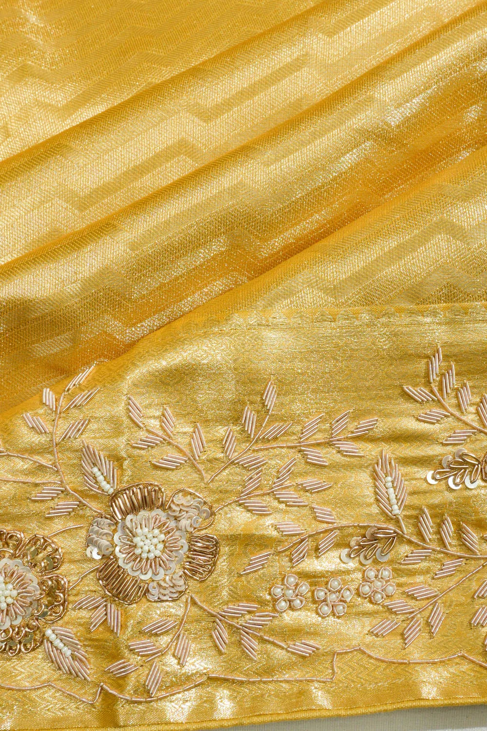 Kanchipuram Silk Tissue Zig Zag Lines Gold Saree With Zardosi Work