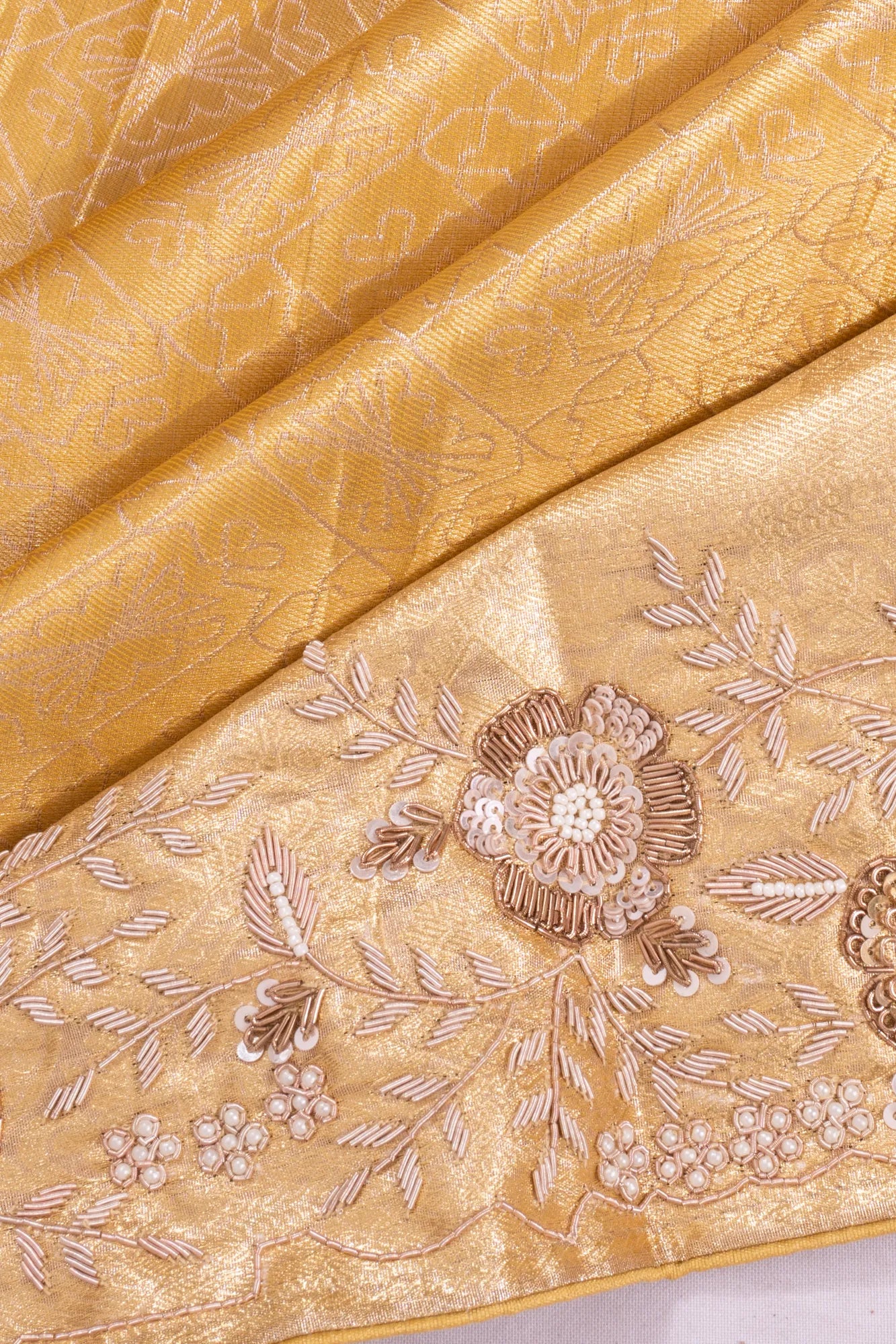 Kanchipuram Silk Tissue Brocade Gold Saree With Zardosi Work