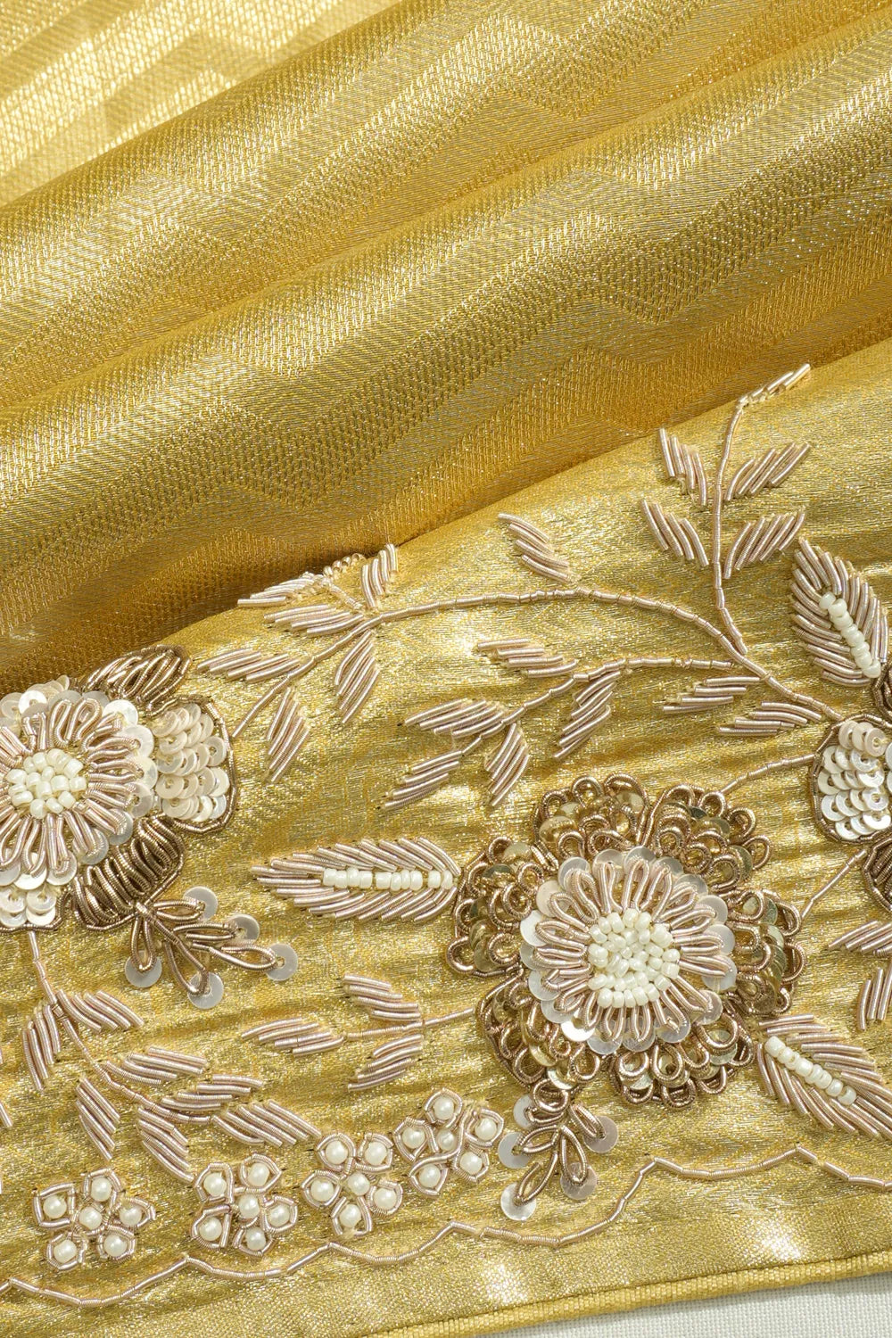 Kanchipuram Silk Tissue Zig Zag Lines Gold Saree With Zardosi Work