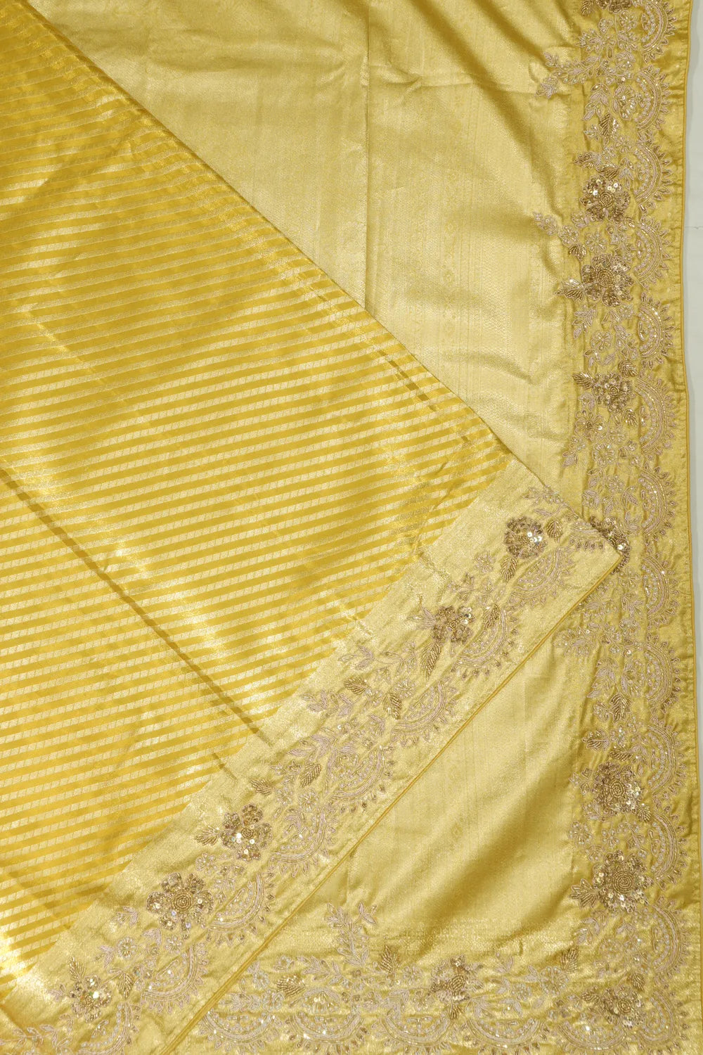 Kanchipuram Silk Tissue Diagonal Lines Gold Saree With Zardosi Work