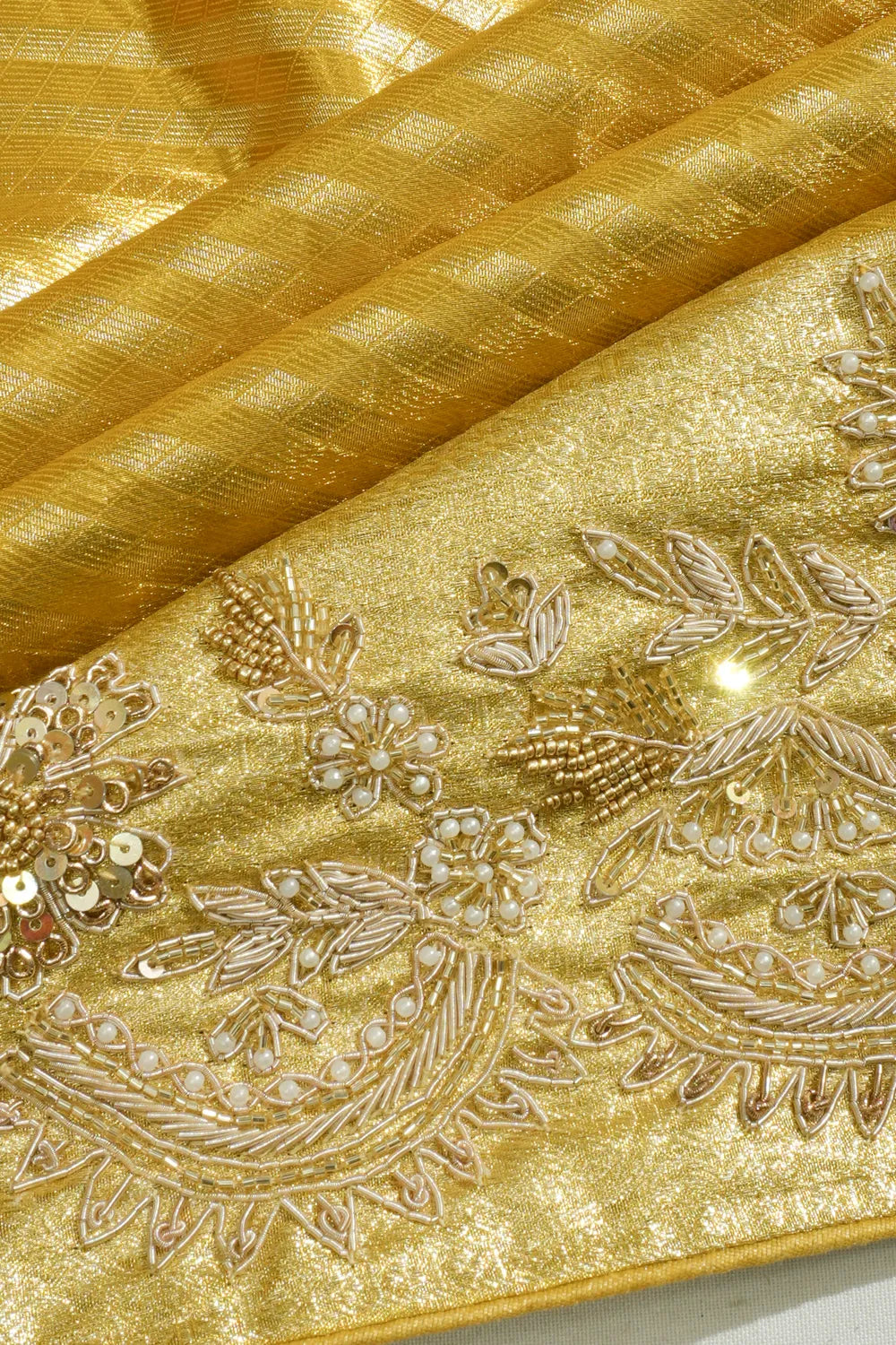 Kanchipuram Silk Tissue Diagonal Lines Gold Saree With Zardosi Work