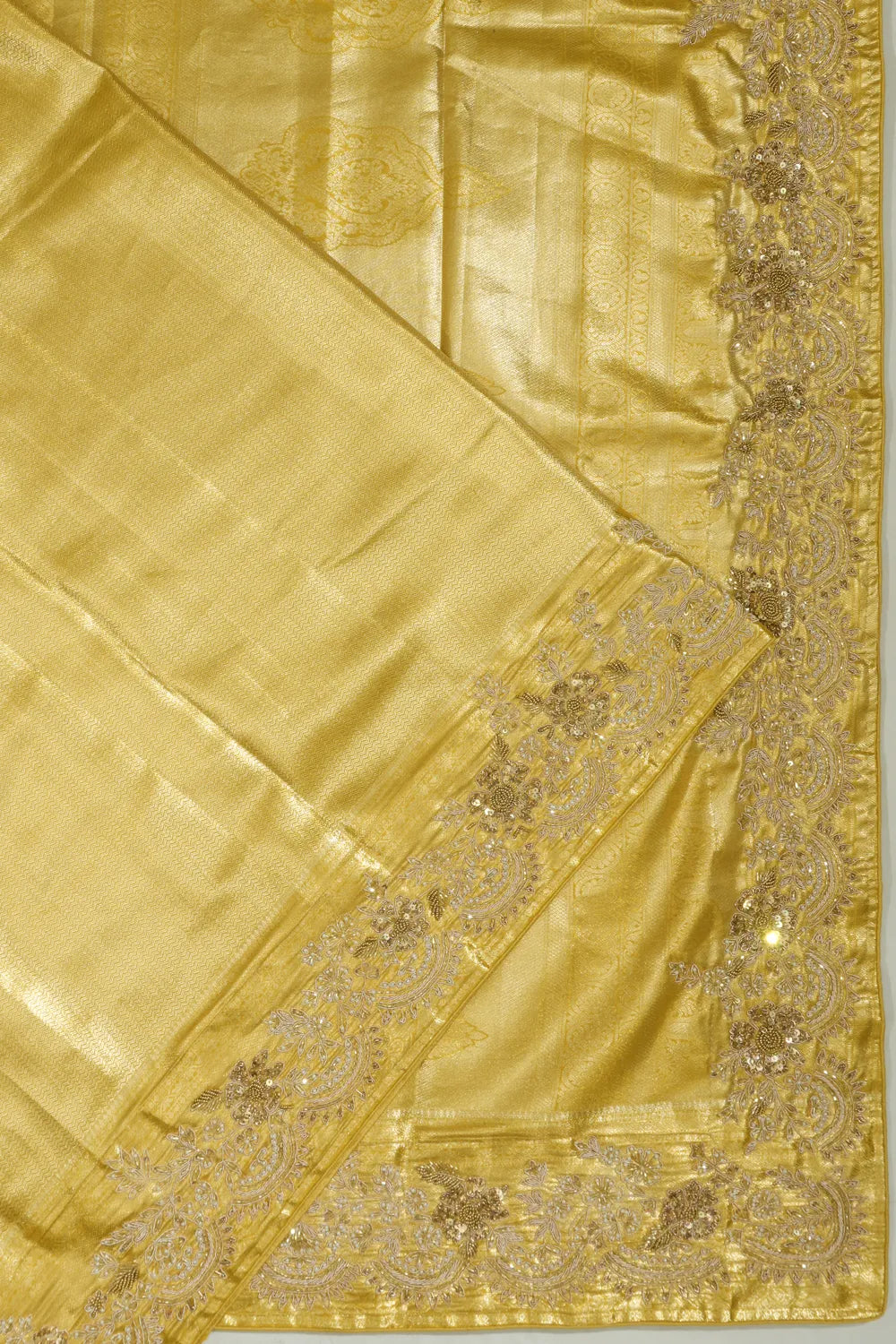 Kanchipuram Silk Zig Zag Lines Gold Saree With Zardosi Work