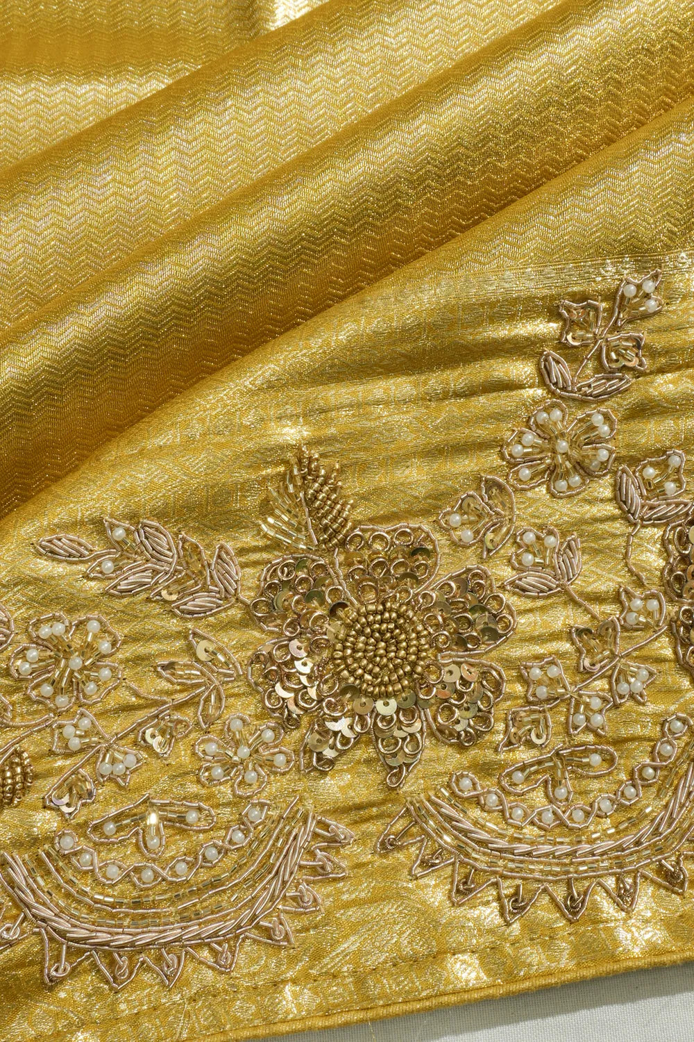 Kanchipuram Silk Zig Zag Lines Gold Saree With Zardosi Work